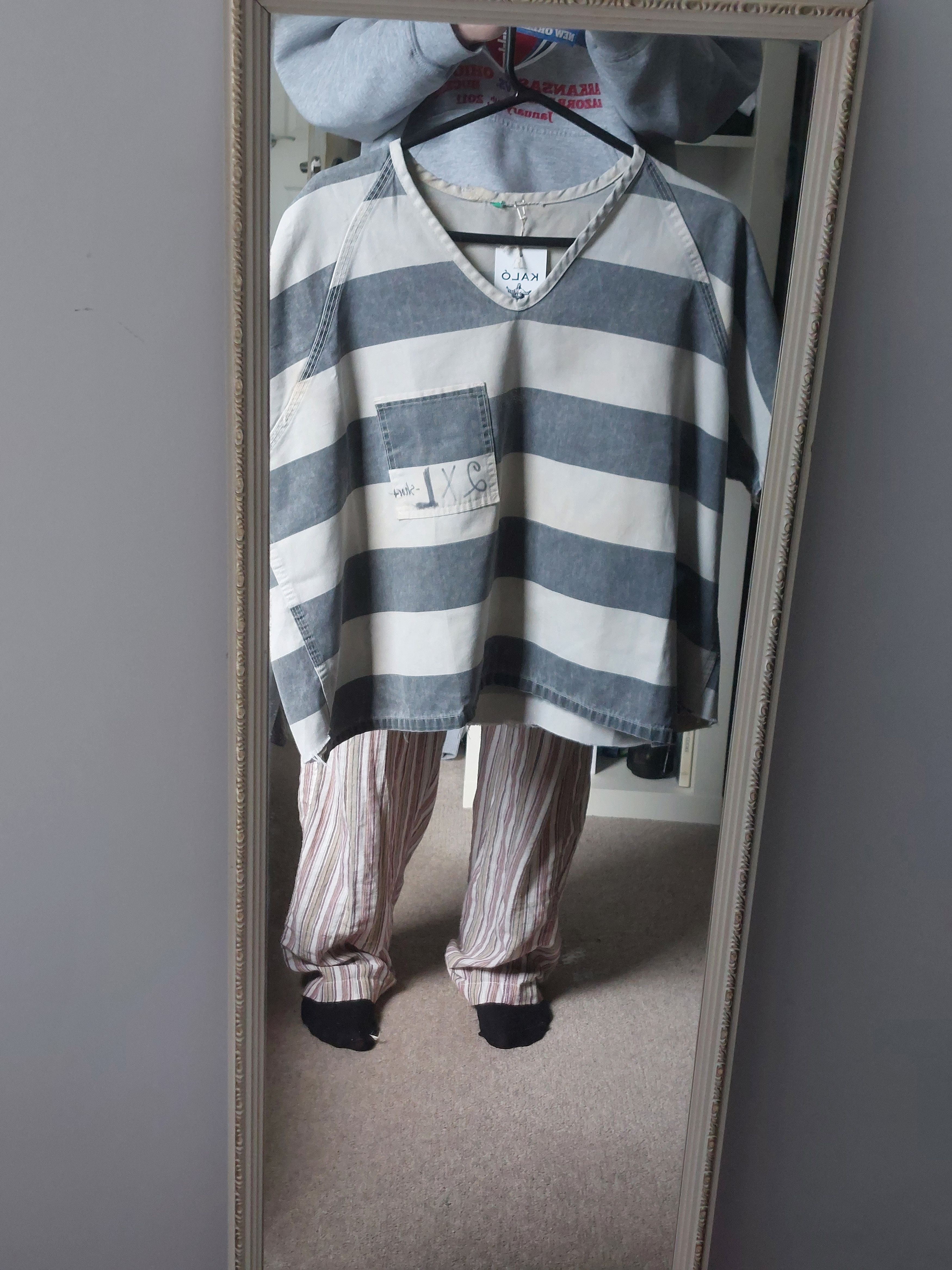 image of Vintage Kaló Soil 1960S Stenciled Jail Uniform in Black White Stripes, Men's (Size XL)