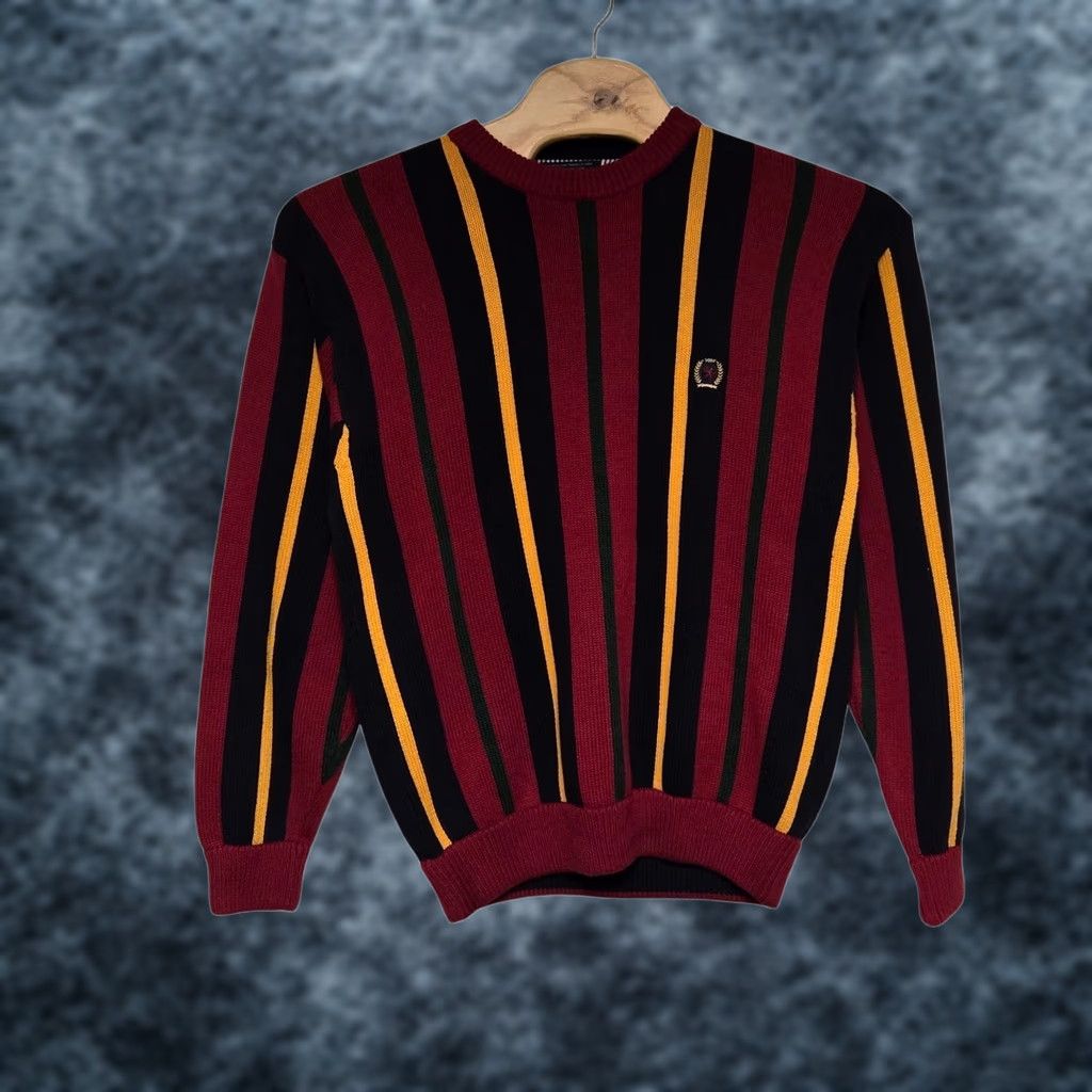 Tommy Hilfiger VINTAGE Tommy Hilfiger Sweater 100% Cotton Red Navy Yellow Stripe Crest XL Mens Pullover Size US XL / EU 56 / 4 - 1 Thumbnail