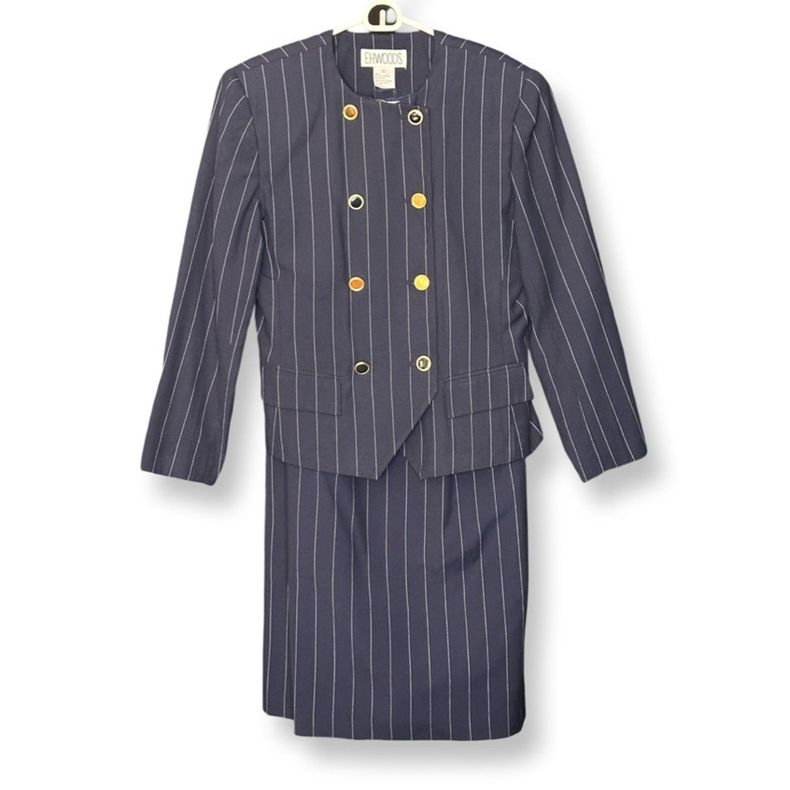 Evan Picone Navy Pinstripe Double-Breasted Blazer Suit Set Size L / US 10 / IT 46 - 1 Thumbnail