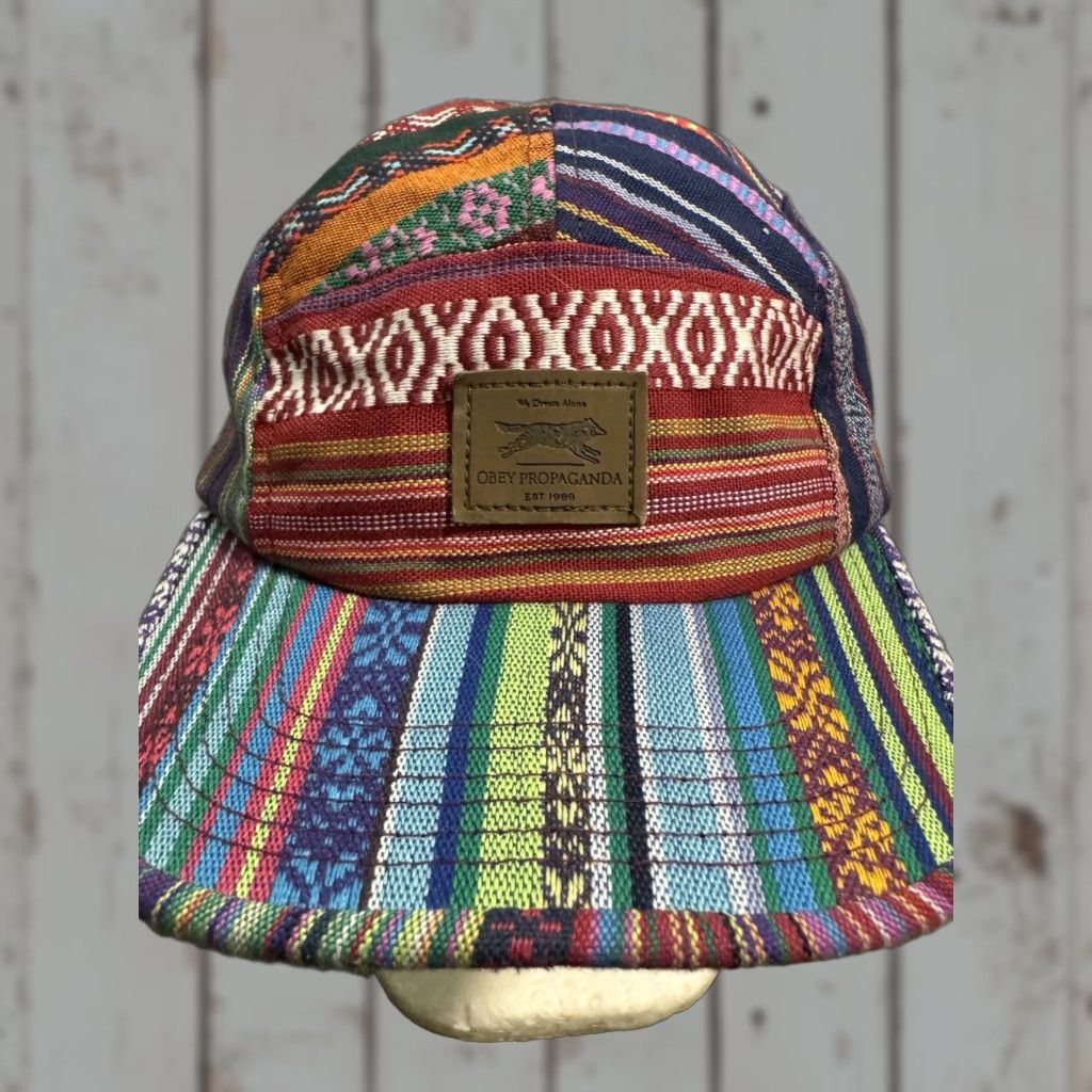 VINTAGE Obey Propaganda 5 Panel Hat Camp Cap Tribal Aztec Southwestern Woven Wolf Patch