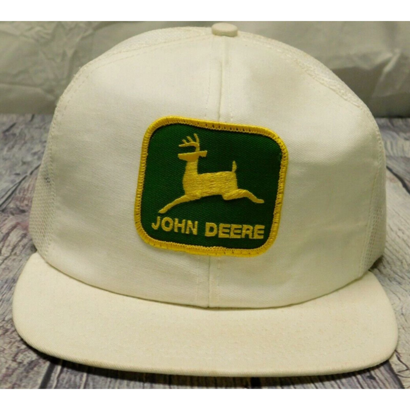 image of Vintage John Deere Mesh Trucker Hat Snapback Louisville Mfg Co Made Usa Patch in White, Men's