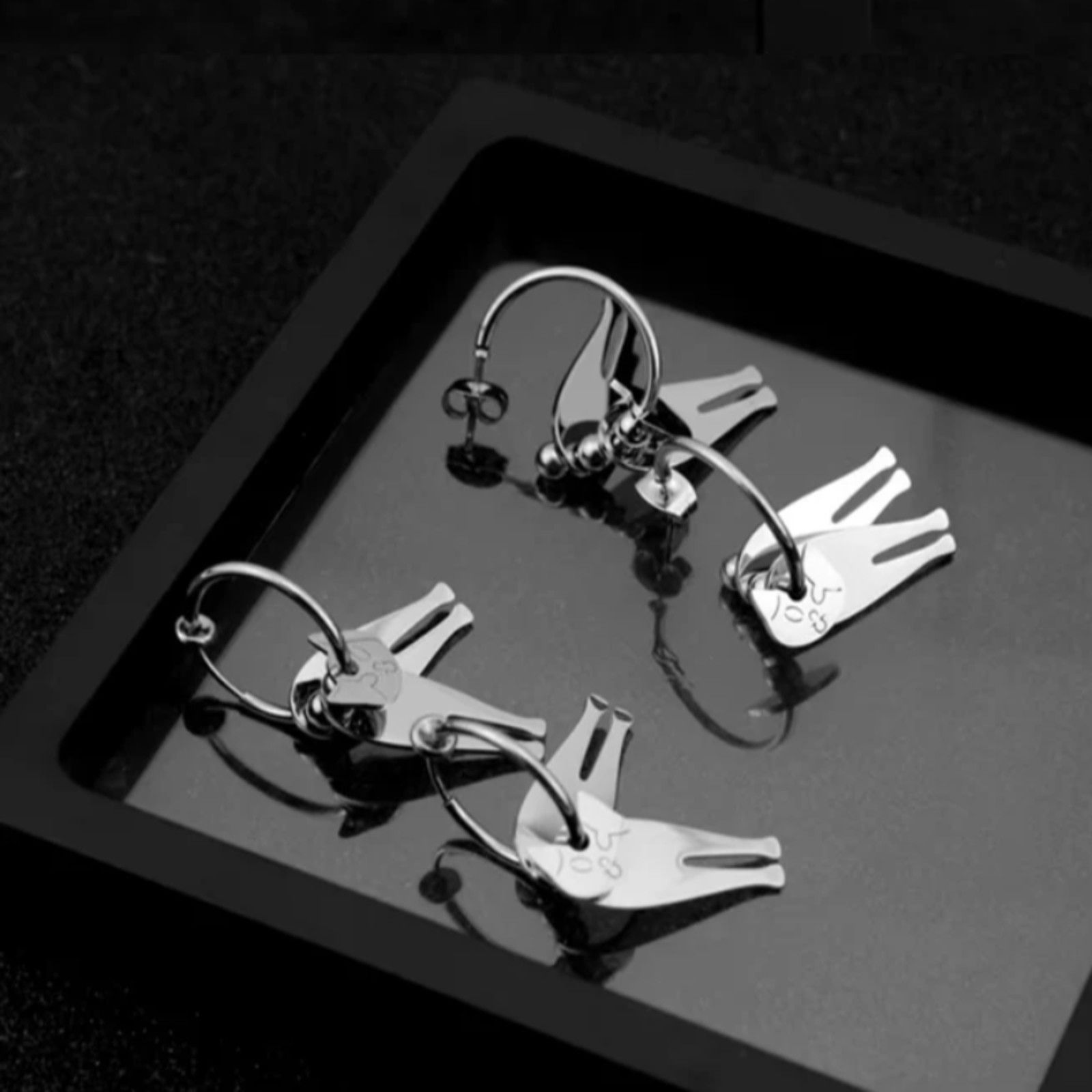 Other Movable Silver Cat Earrings - Stainless Steel Moveable Studs Size ONE SIZE - 3 Thumbnail