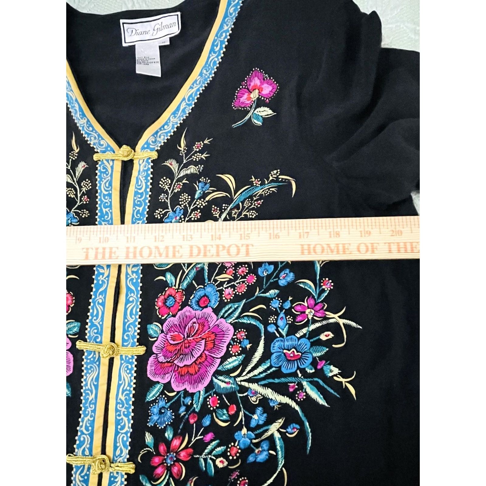 Vintage Diane Gilman Jacket Womens M Black Silk Embroidered Floral Frog Closure Kimono Style Size M / US 6-8 / IT 42-44 - 6 Thumbnail