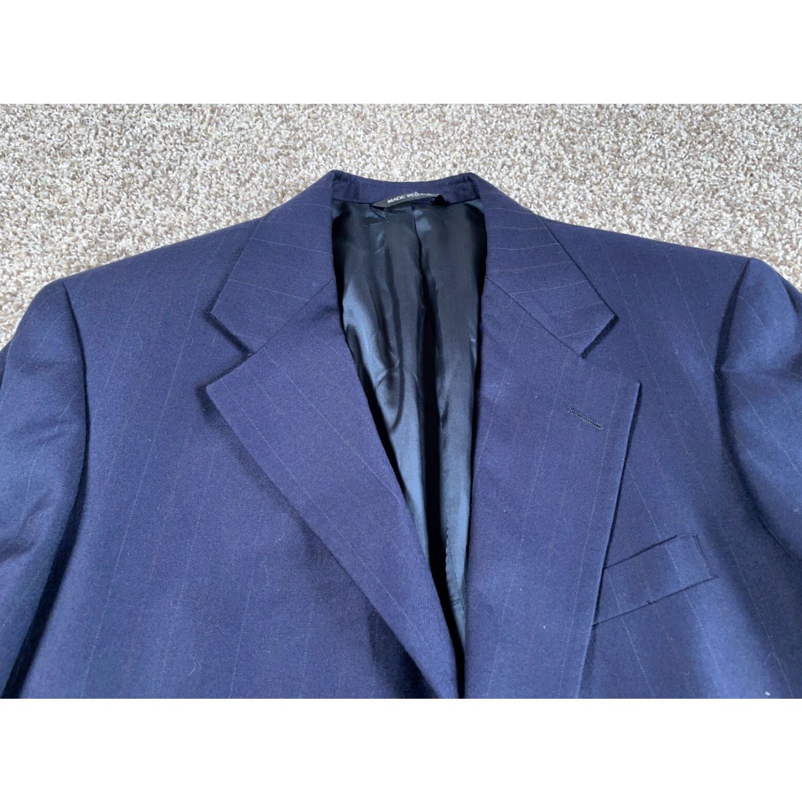 Polo Ralph Lauren VINTAGE Polo University Club Blazer Men 40 Dark Blue Pinstripe Wool 2 Piece Notch Lapel Single-Breasted Four-Button Sleeve Dry Clean Only Wool Jacket Size US L / EU 52-54 / 3 - 5 Thumbnail