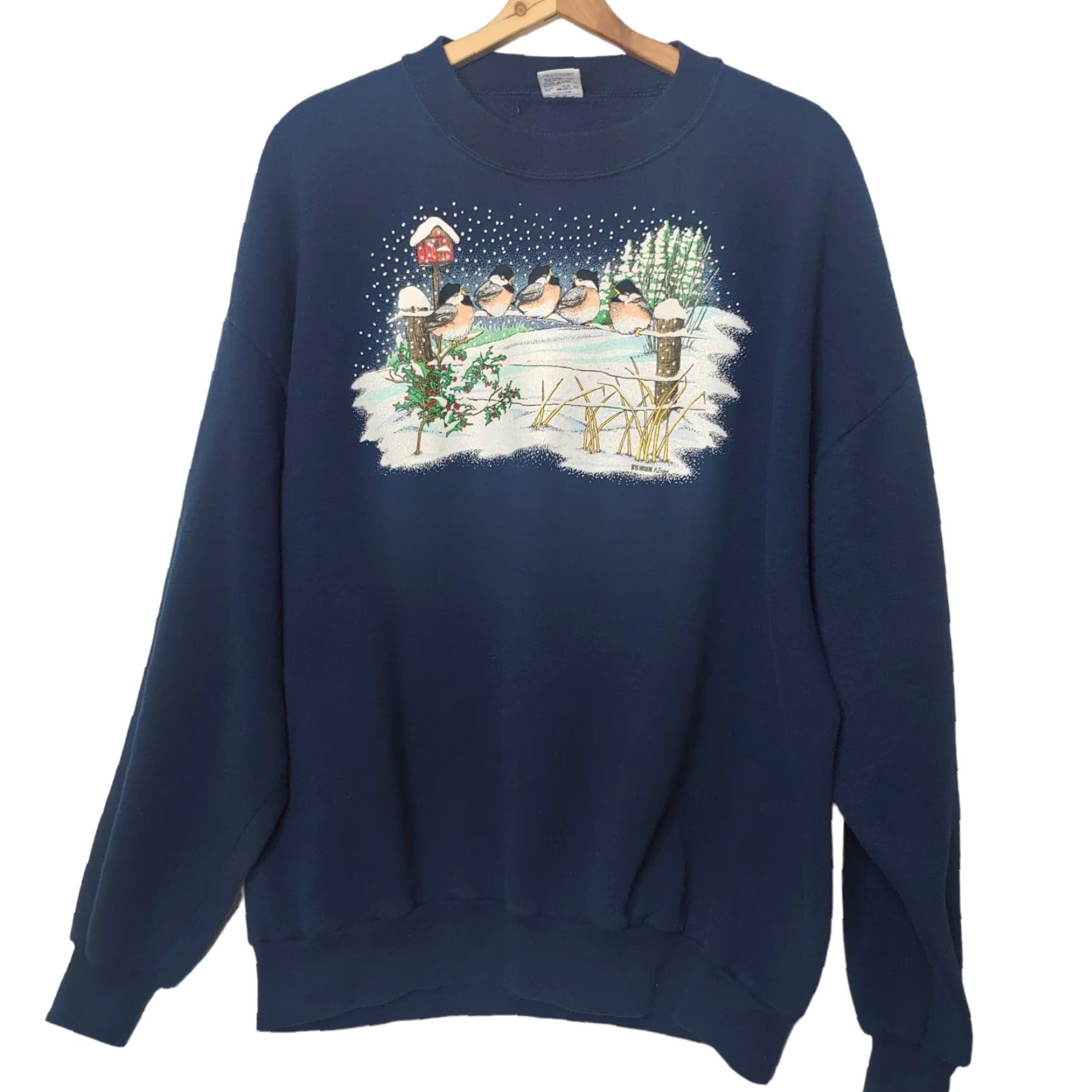 Jerzees VINTAGE JERZEES Sweatshirt Snow Birds 2X Blue Women's Pullover Crew Neck Winter Nature Bird Lovers 1995 ArtWear Design Size XXL / US 16-18 / IT 52-54 - 2 Thumbnail