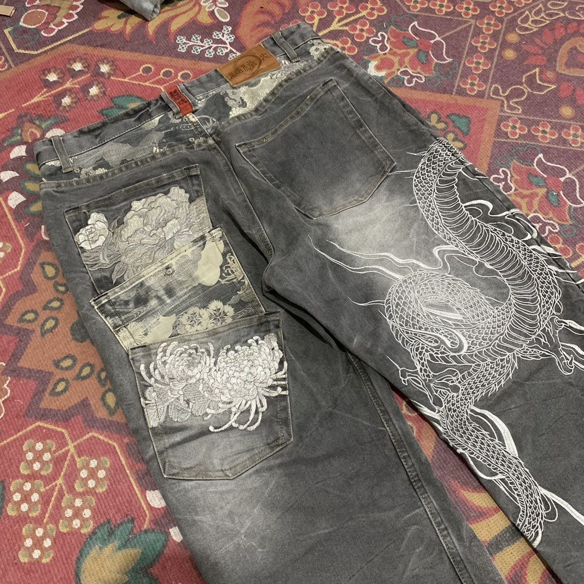 Jean Homme Karakuri Tamashii - Denim Noir Brodé Japonais - Taille 40 (42 Pouces) - Comme Neuf