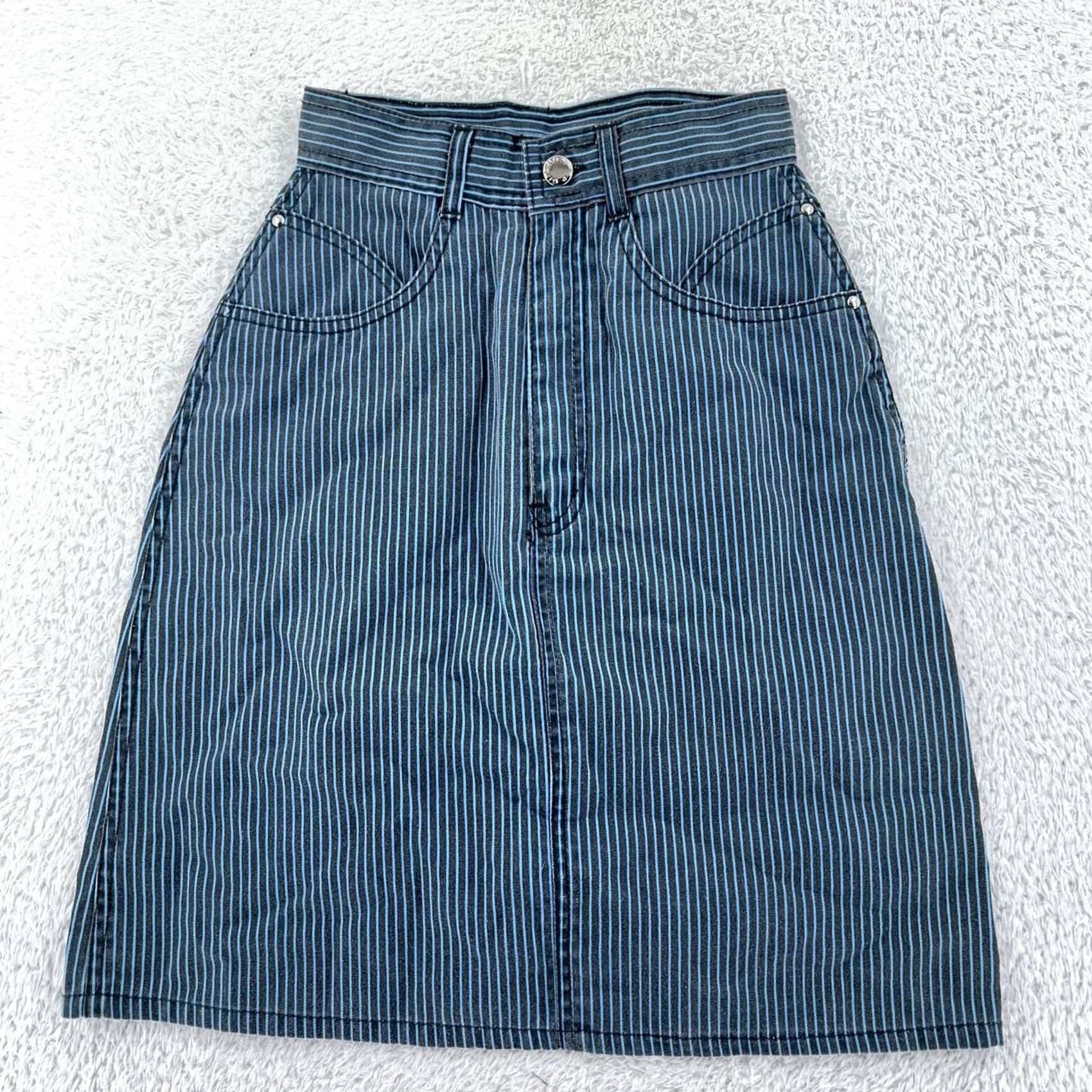 Vintage VINTAGE Gitano Skirt Denim High Striped AOL? 22 Womens Knee Length Blue Polyester Cotton Pockets Zip Rise High A-Line Juniors Size 22 Womens Sorry Size 40" / US 18 - 2 Thumbnail
