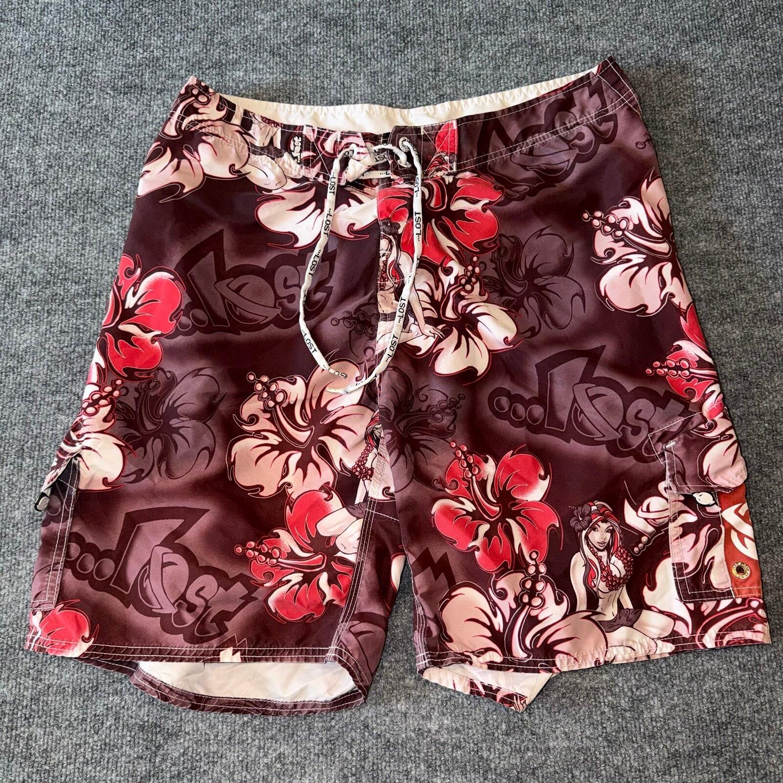 LOST Floral Pinup Girl Surf Board Shorts Mens LG 34 VTG