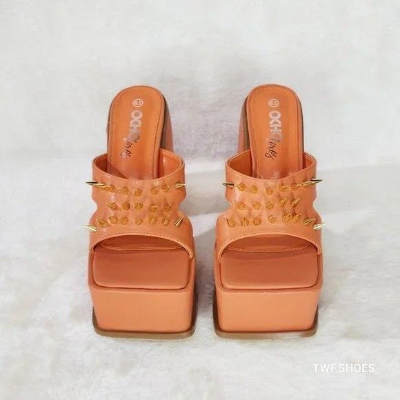 Other Orange Slip On Square Open Toe Chunky Platform Sandals Spike Size US 9 / IT 39 - 3 Thumbnail