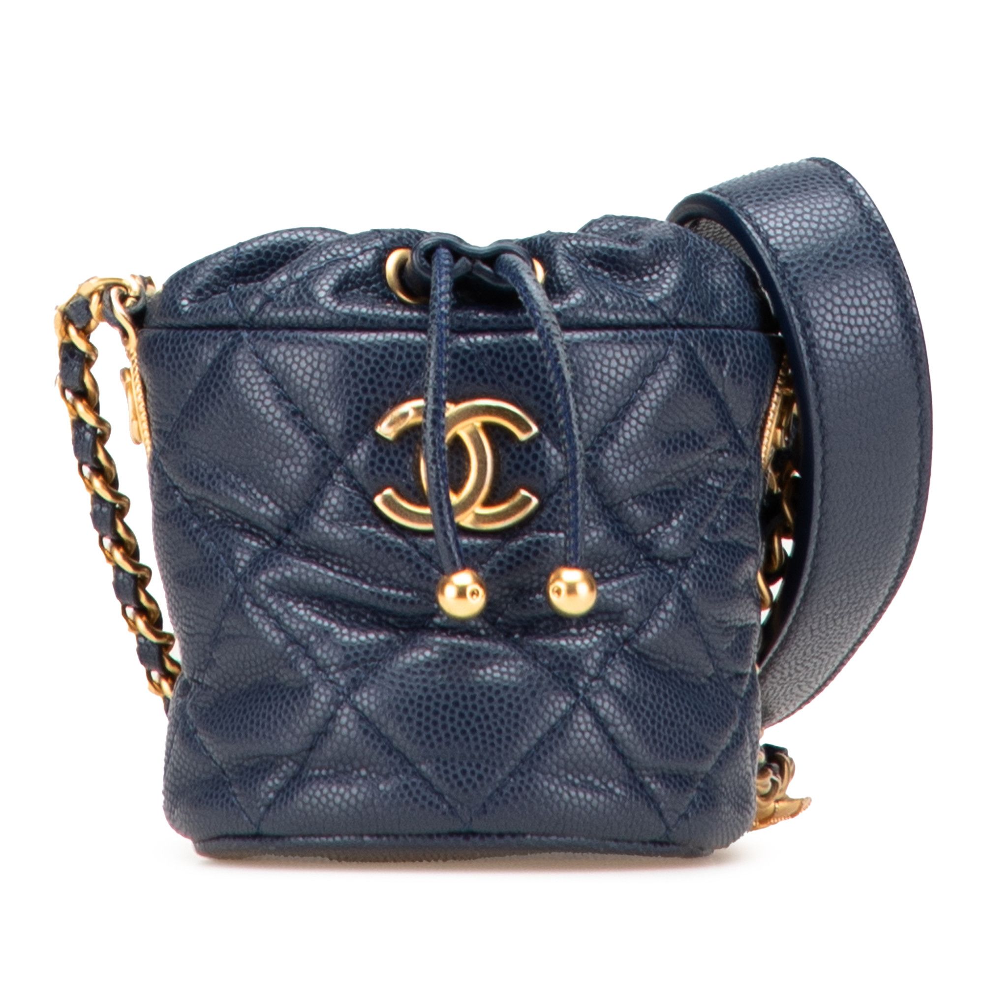Chanel Mini Quilted Caviar Medallion Charms Drawstring Bucket Bag in Blue, Women's