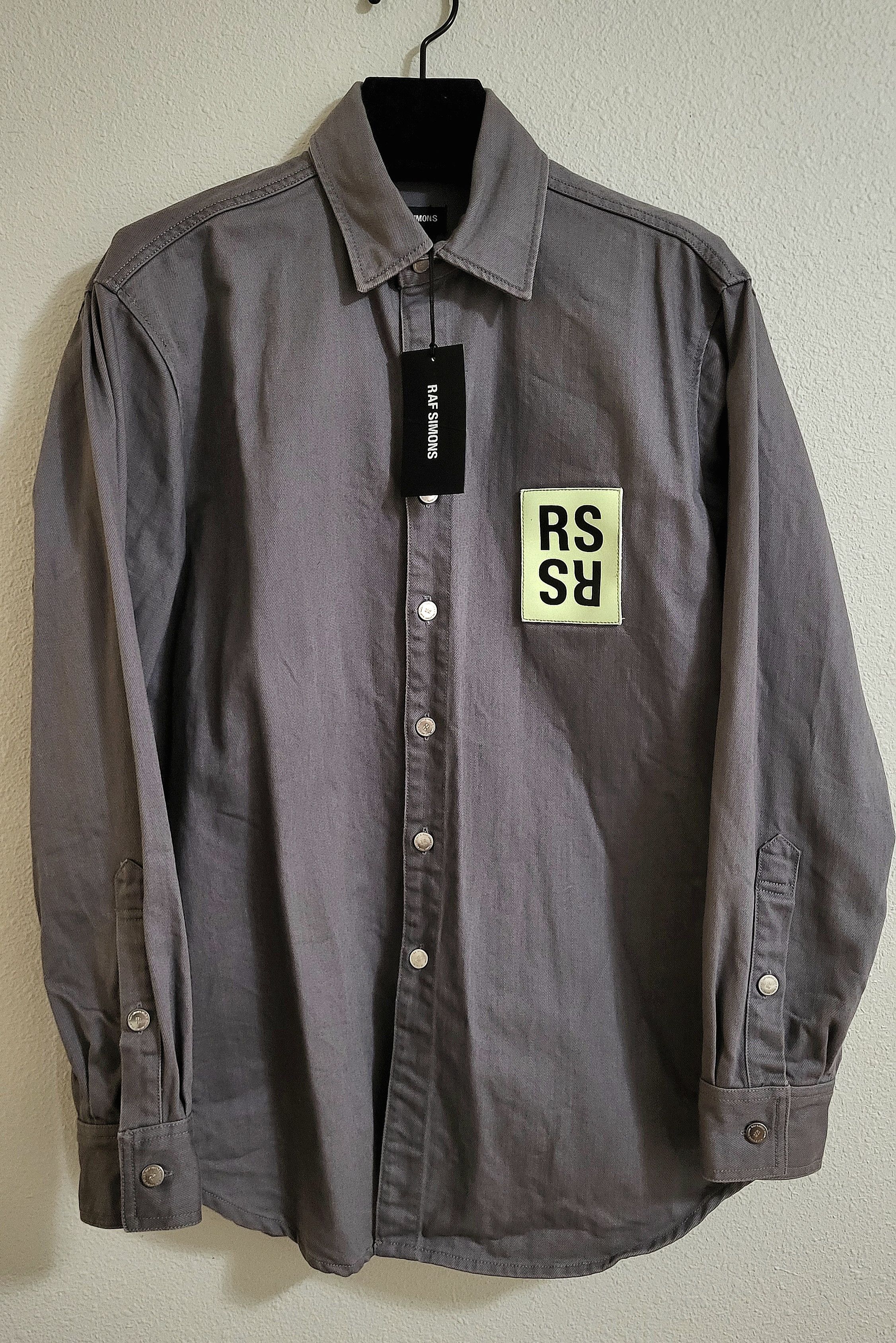 image of Raf Simons Oversized Grey Leather Patch Denim Jacket, Men's (Size Small)