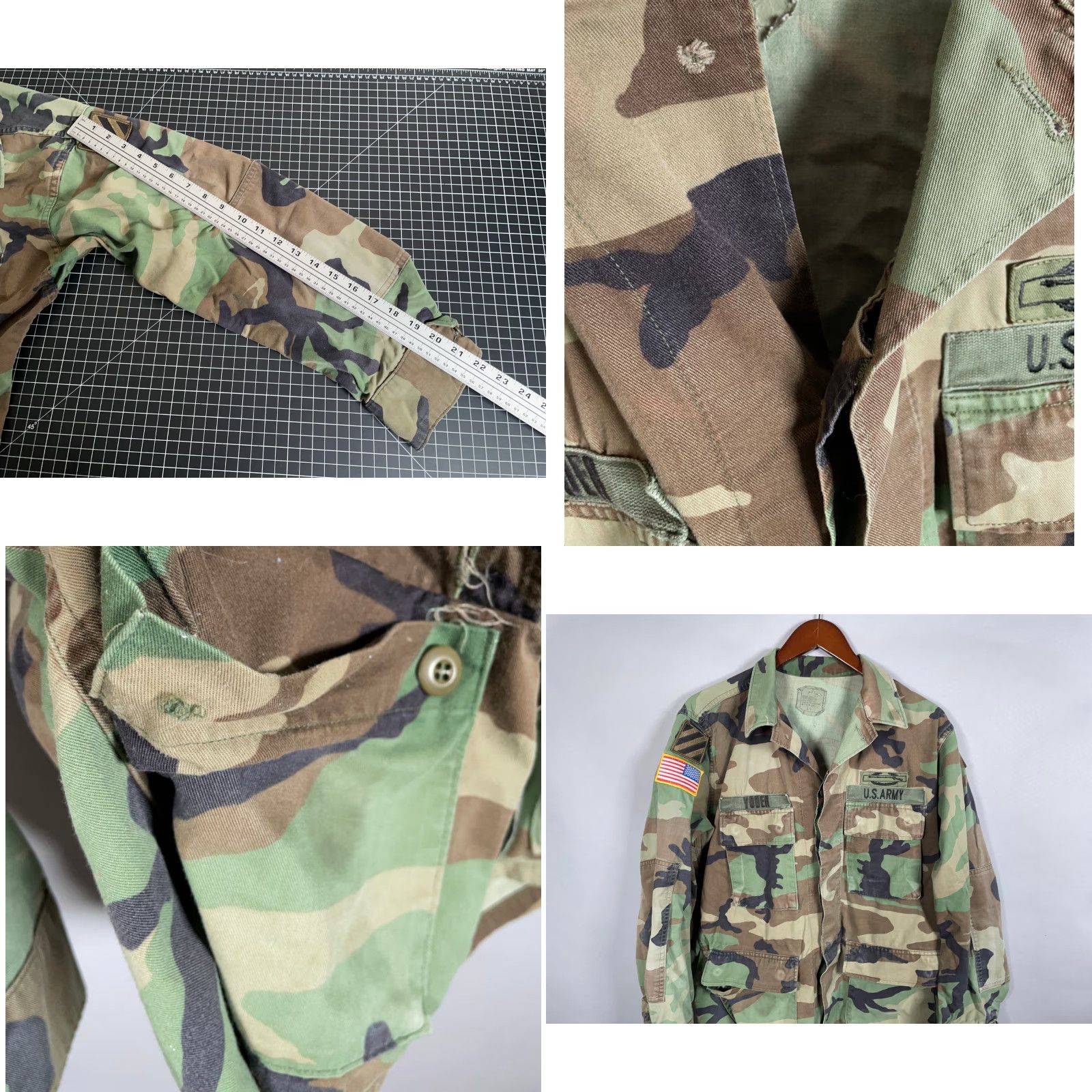 Vintage VINTAGE Military Jacket Mens Short Woodland Camouflage Army with Patches Carbon Hill 80s Retro Outdoor Army Jacket Short Green Regular Mens Size US 31 - 8 Thumbnail
