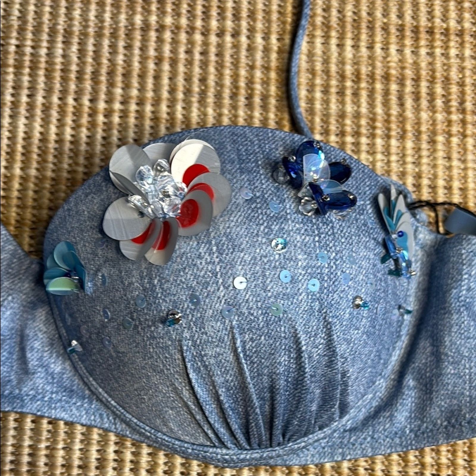 Blumarine NWT Blumarine Blue denim flowers beads Bikini Size L Size ONE SIZE - 4 Thumbnail