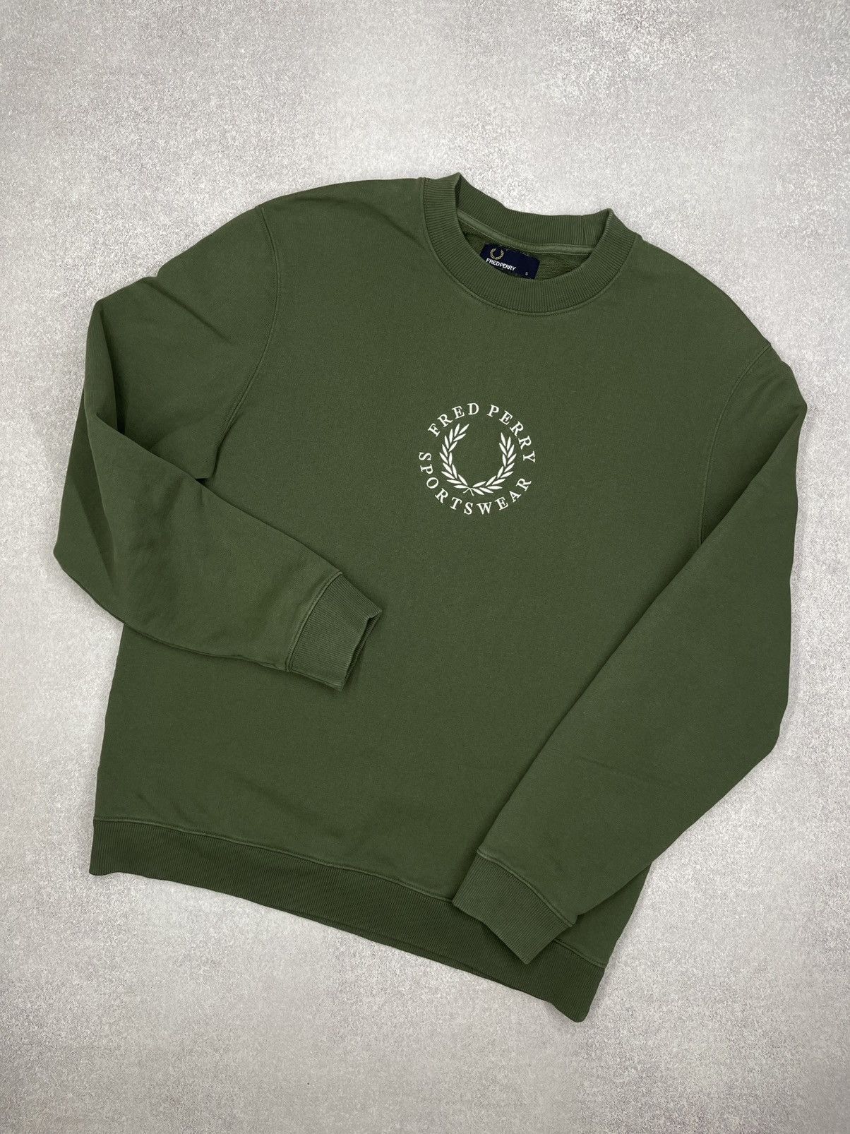 Mens Fred Perry Crewneck Sweatshirt Green Big Center Logo