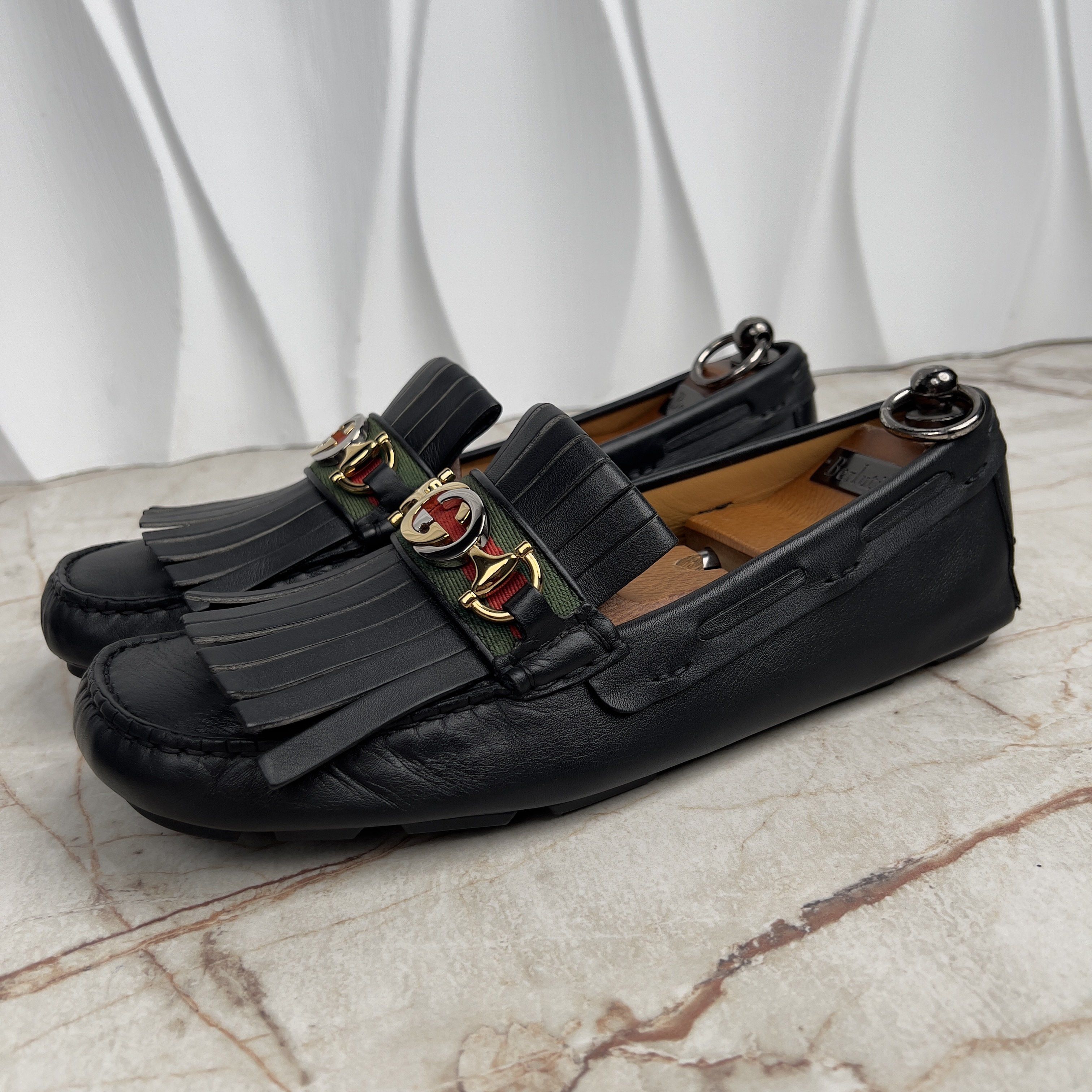 Interlocking G Web Fringe Moccasins Leather