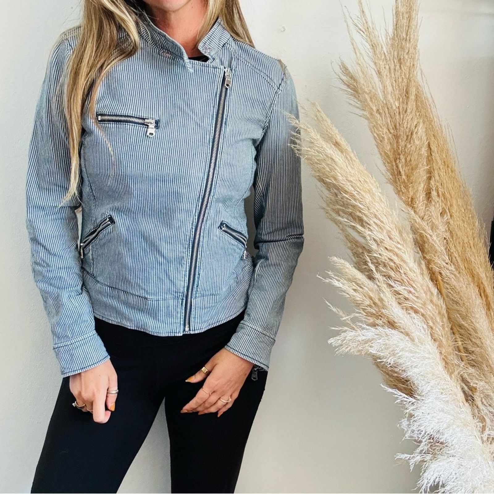 BANANA REPUBLIC Navy Blue White Striped $175 Cotton Jacket M