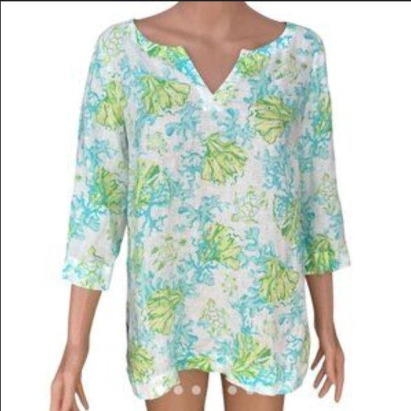 J. Jill J. Jill Love Linen 100% Linen Tunic Top Coral Turtle Print M Size M / US 6-8 / IT 42-44 - 1 Thumbnail
