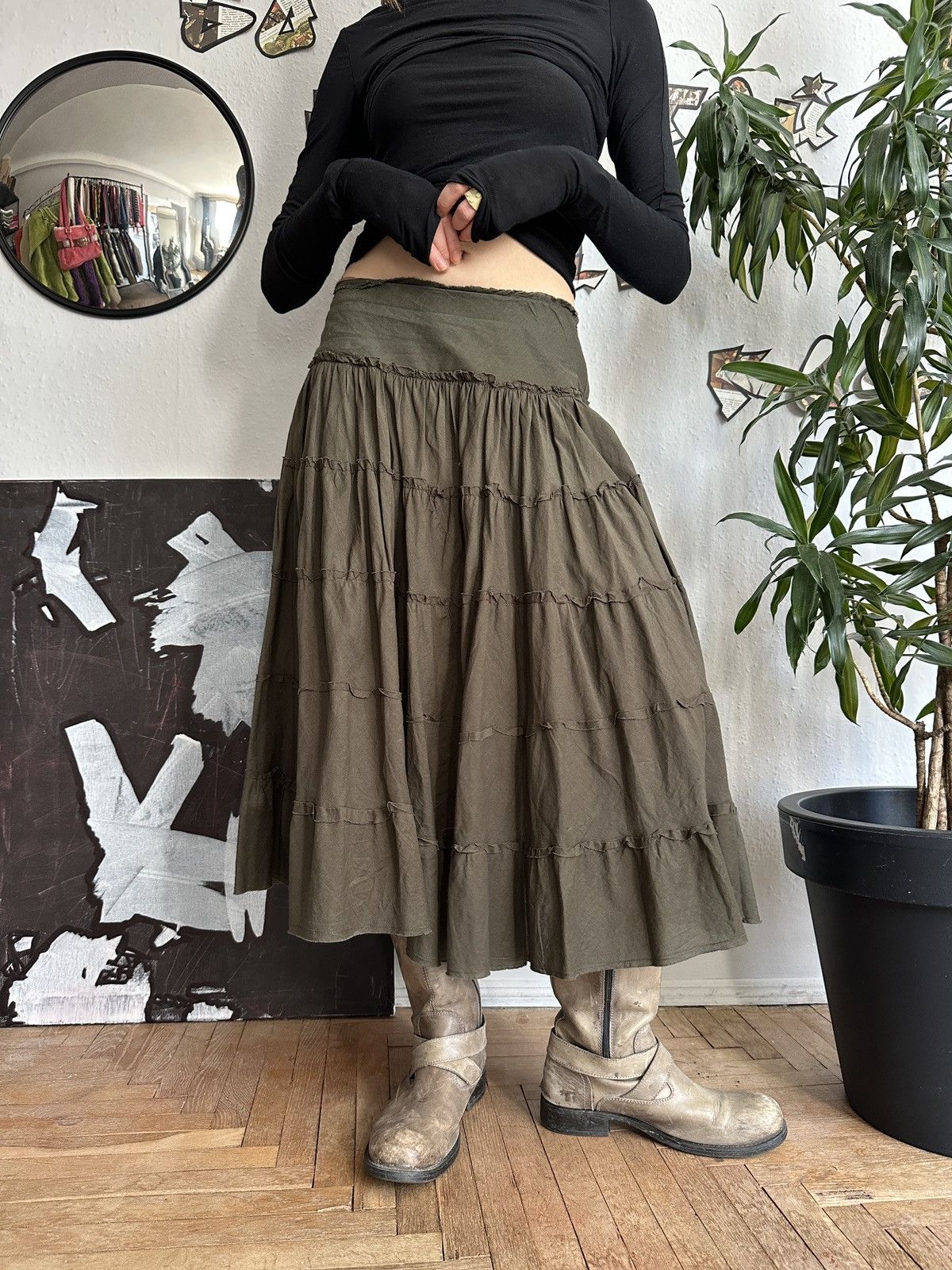 Seditionaries Vintage Boho Fairy Goblin Core Ruffle Khaki Skirt 00s Size 27" / US 4 / IT 40 - 3 Thumbnail