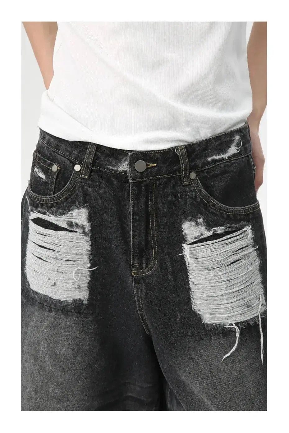 Japanese Brand Baggy Denim Ripped Whiskers Thread Jorts Hole Shorts Size US 32 / EU 48 - 3 Thumbnail