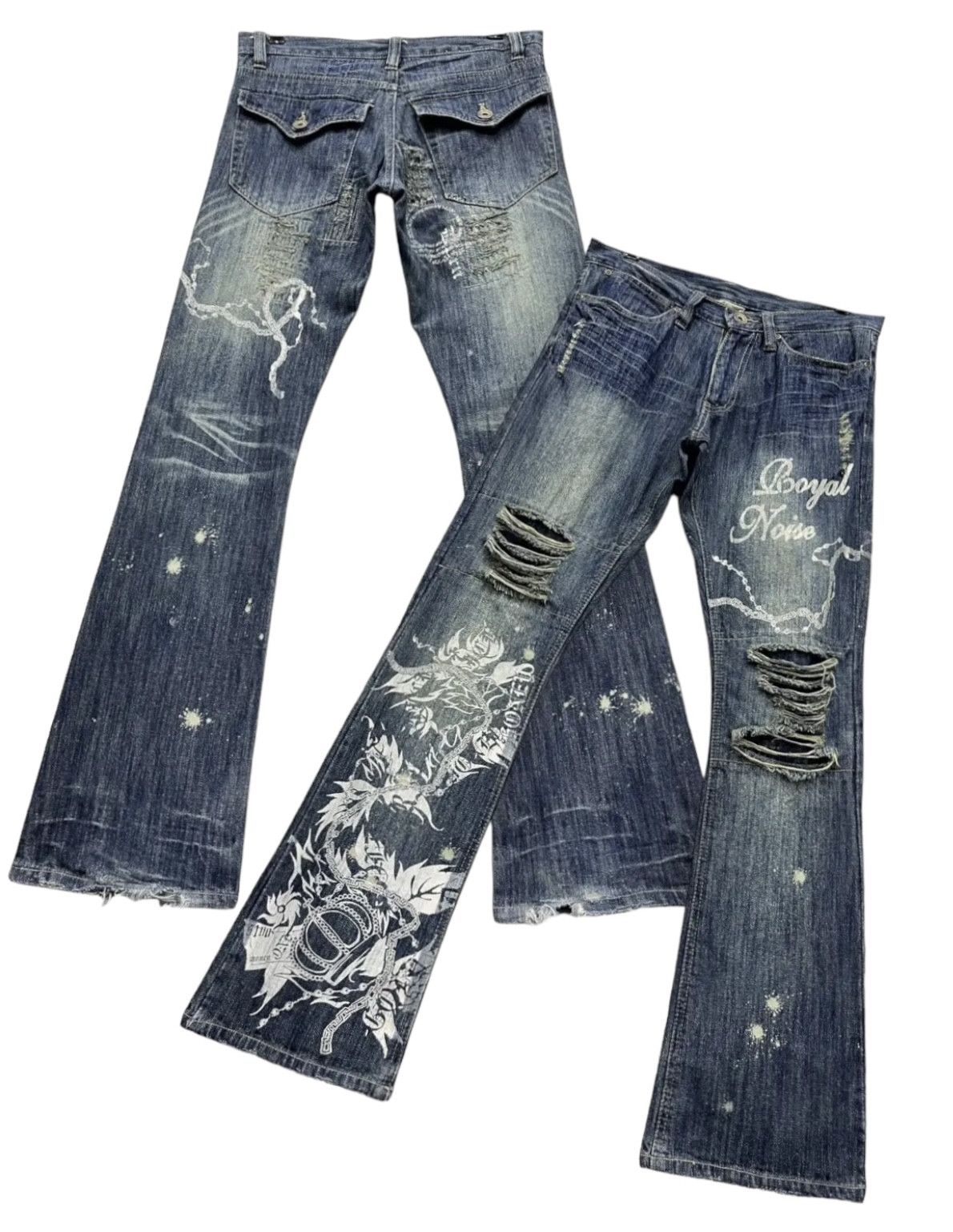 If Six Was Nine × Le Grande Bleu (L.G.B.) × Tribal Streetwear FYE🔥GUMU INTERNATIONAL Punk Ripped Tribal Print Flare Denim Size 31" - 1 Thumbnail