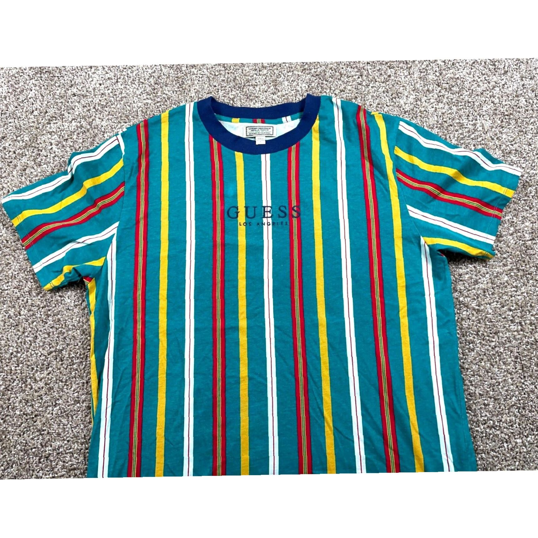 Embroidered Green Logo Retro Style GUESS Originals Adult Large Rainbow Striped T Shirt With Vintage Vibes Tops