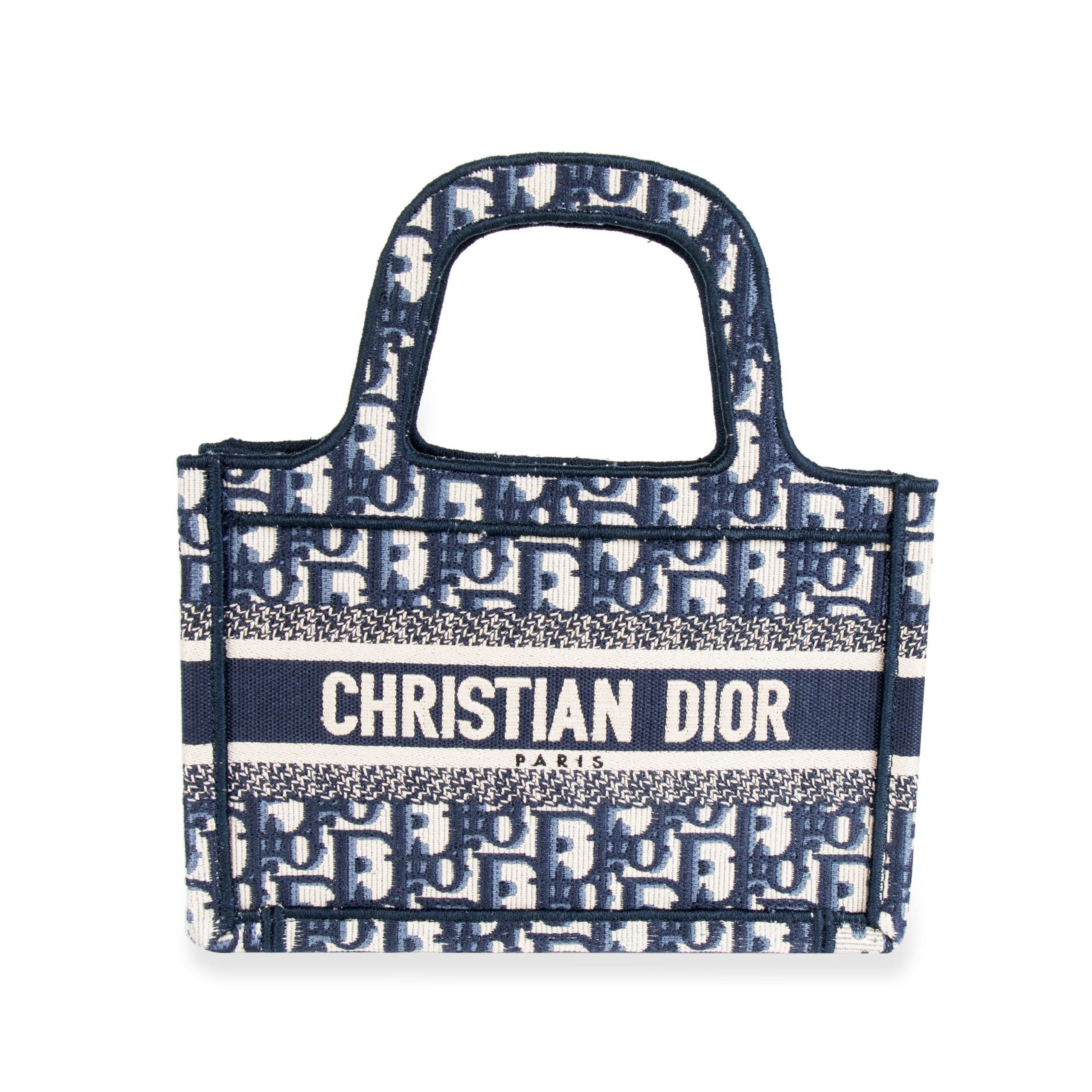 image of Dior Blue Oblique Embroidered Mini Book Tote in Black, Women's