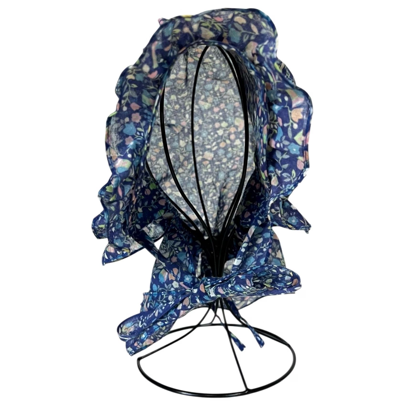 Vintage VINTAGE Women Flower Blue Bonnet Handmade Lightweight Semi-Sheer Bow Ruffled One Size Women Dress-up Spring Summer Prairie Pilgrim Costume Bow Womens Size ONE SIZE - 2 Thumbnail