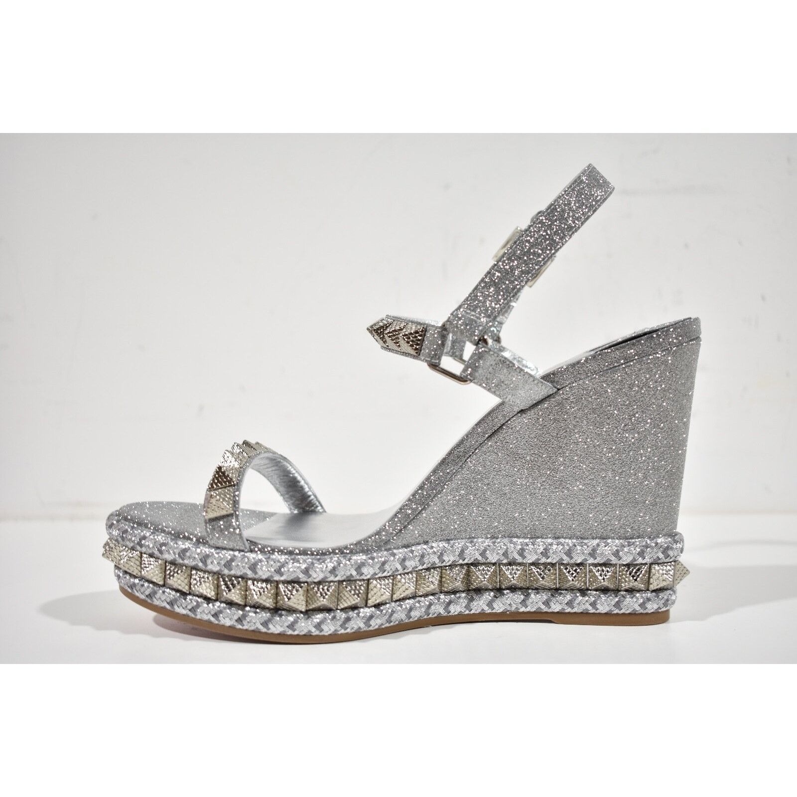 Christian Louboutin Pyraclou 110 Silver Glitter Platform Wedge Sandal Heel 37 Size US 7 / IT 37 - 9 Thumbnail
