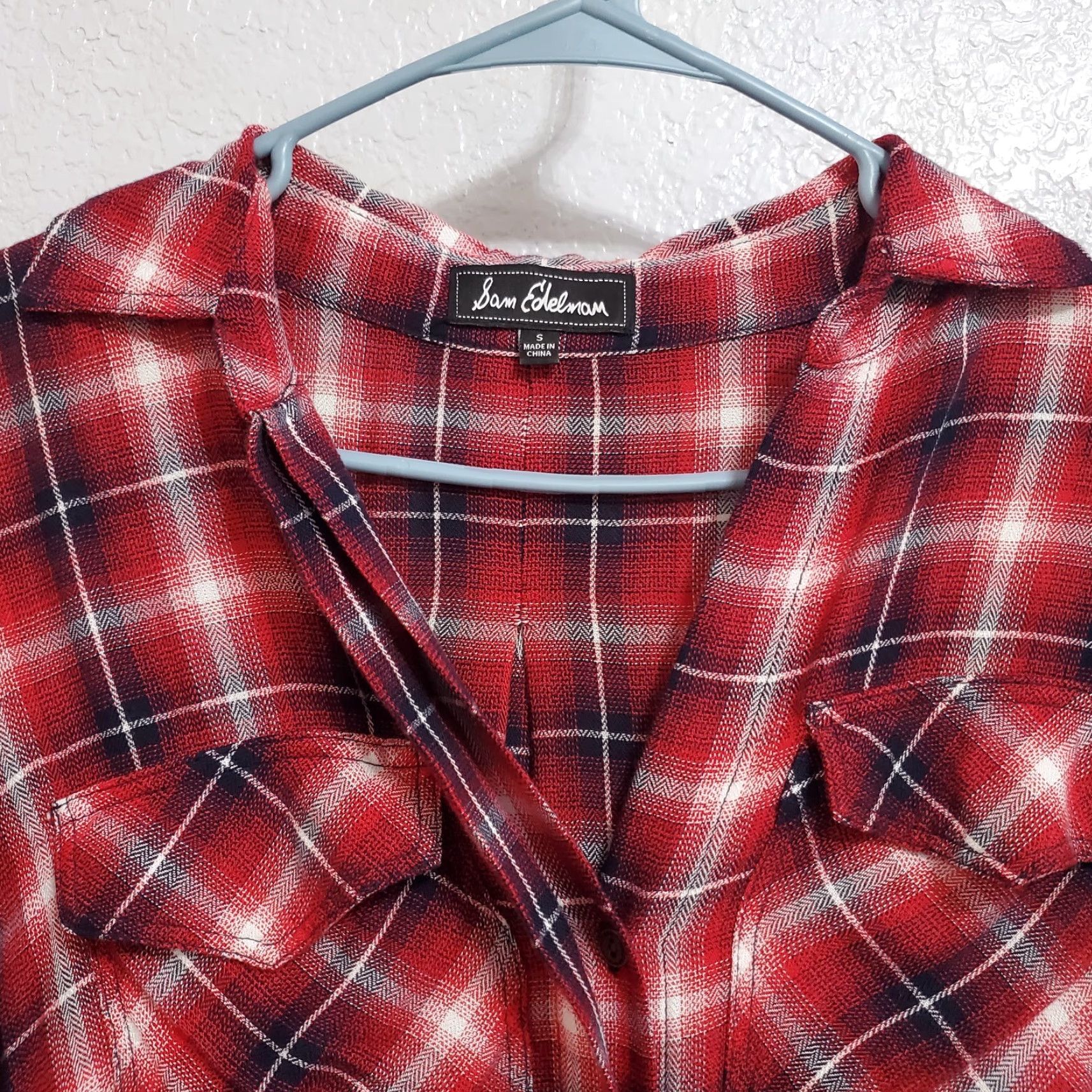 Sam Edelman VINTAGE Sam Edelman Shirt Women S Red Plaid Roll Tab Sleeve Button Up Fishtail Back Grunge Size S / US 4 / IT 40 - 5 Thumbnail