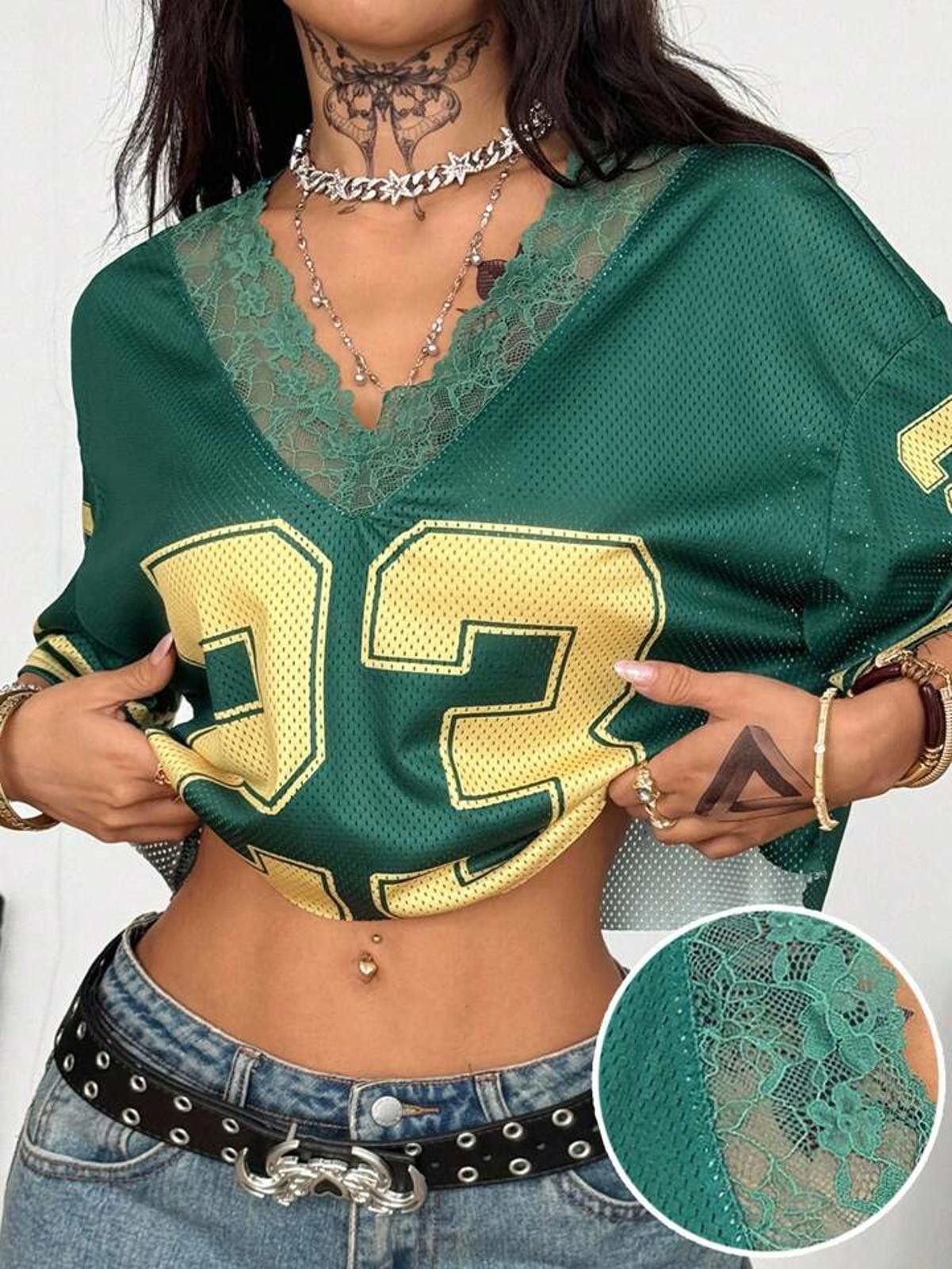 Other Green and Yellow Lace Trim Mesh Crop Top Jersey Size ONE SIZE - 5 Thumbnail