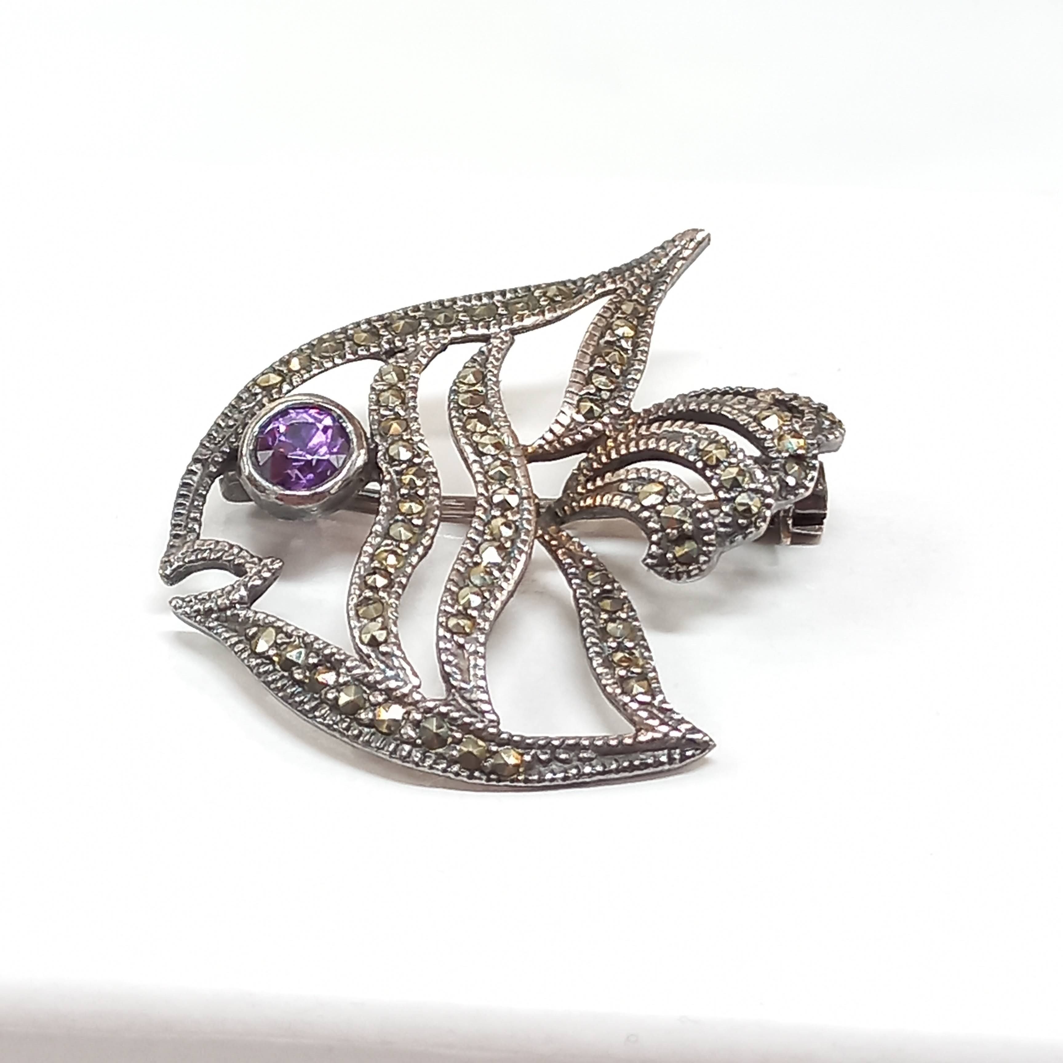 Sterling Silver Sterling FISH Vintage Marcasite Amethyst Brooch Pin Size ONE SIZE - 1 Thumbnail