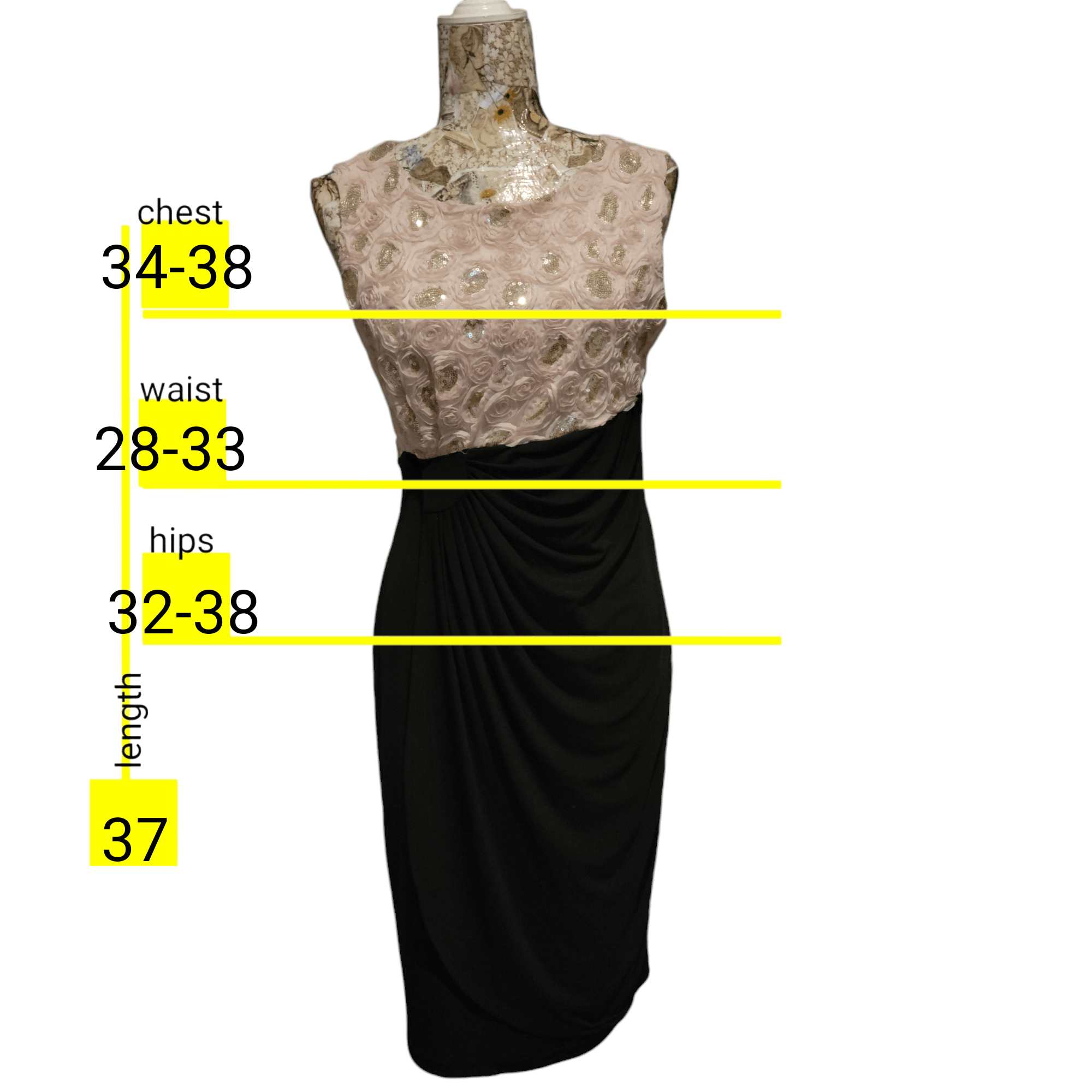 NBDN Nobrandedon Enfocus Blush Rosettes Sequins Black Gathered Stretchy Dress Size M / US 6-8 / IT 42-44 - 4 Thumbnail
