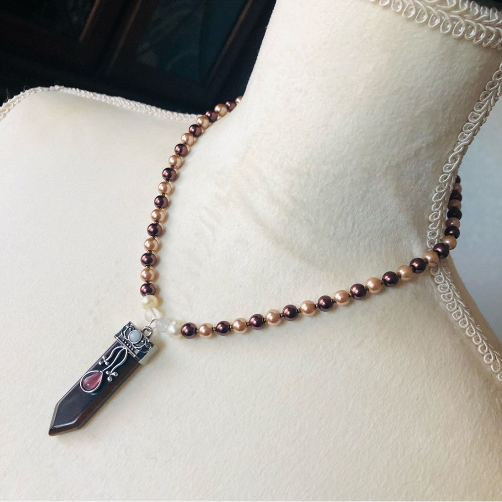 Handmade Handcrafted repurpose Tiger eye stone Pearl necklace Size ONE SIZE - 4 Thumbnail