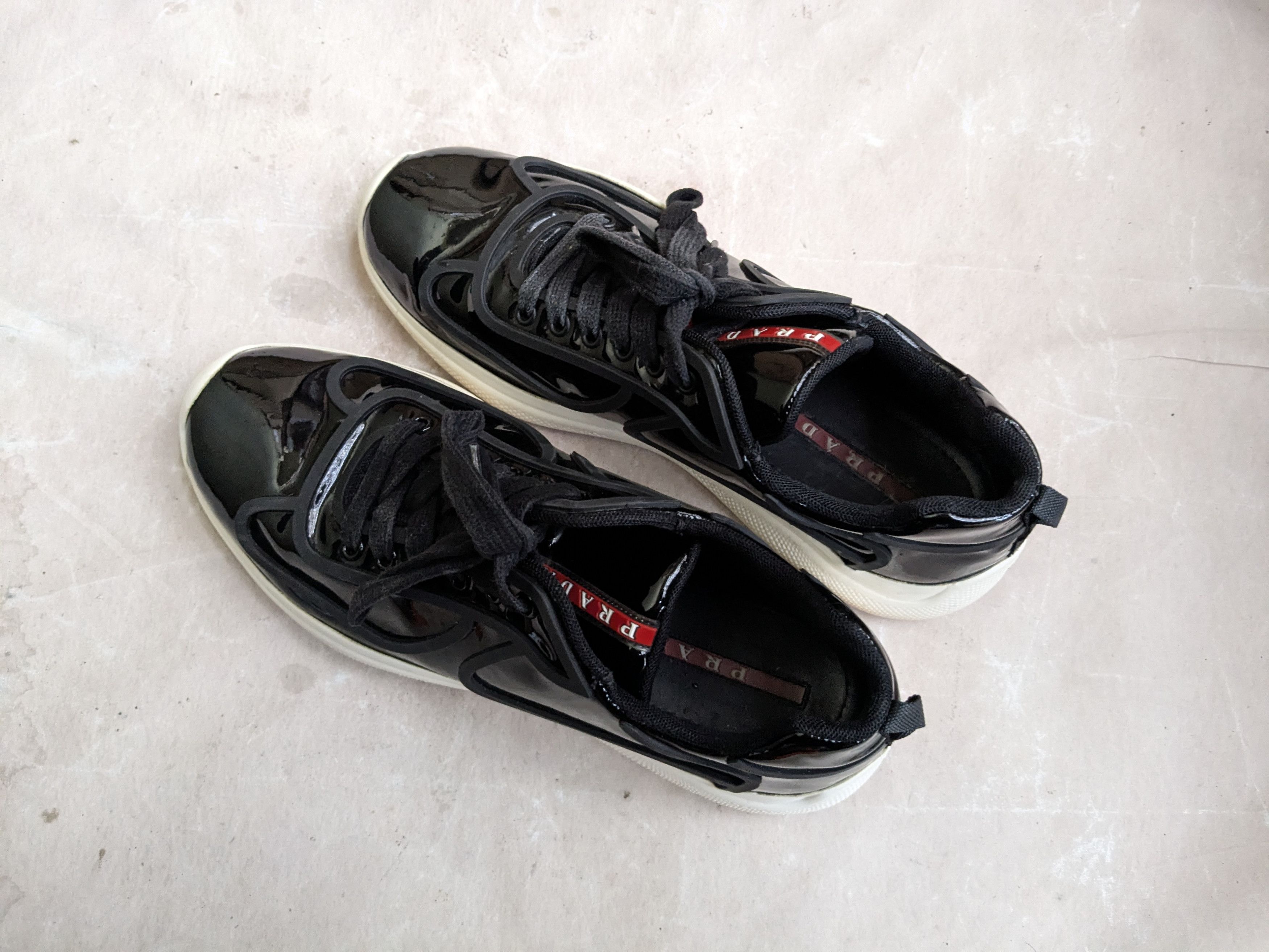 Prada America's Cup Sneakers Black Patent Leather 9 Low Tops