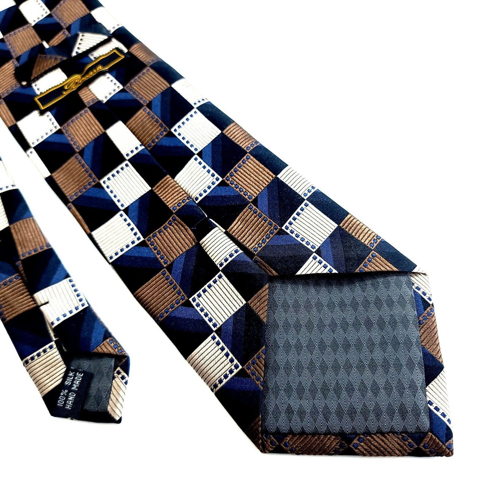 Designer Bocara Woven Blue Brown Cream Woven Geometric Wide Long Silk Size ONE SIZE - 5 Thumbnail