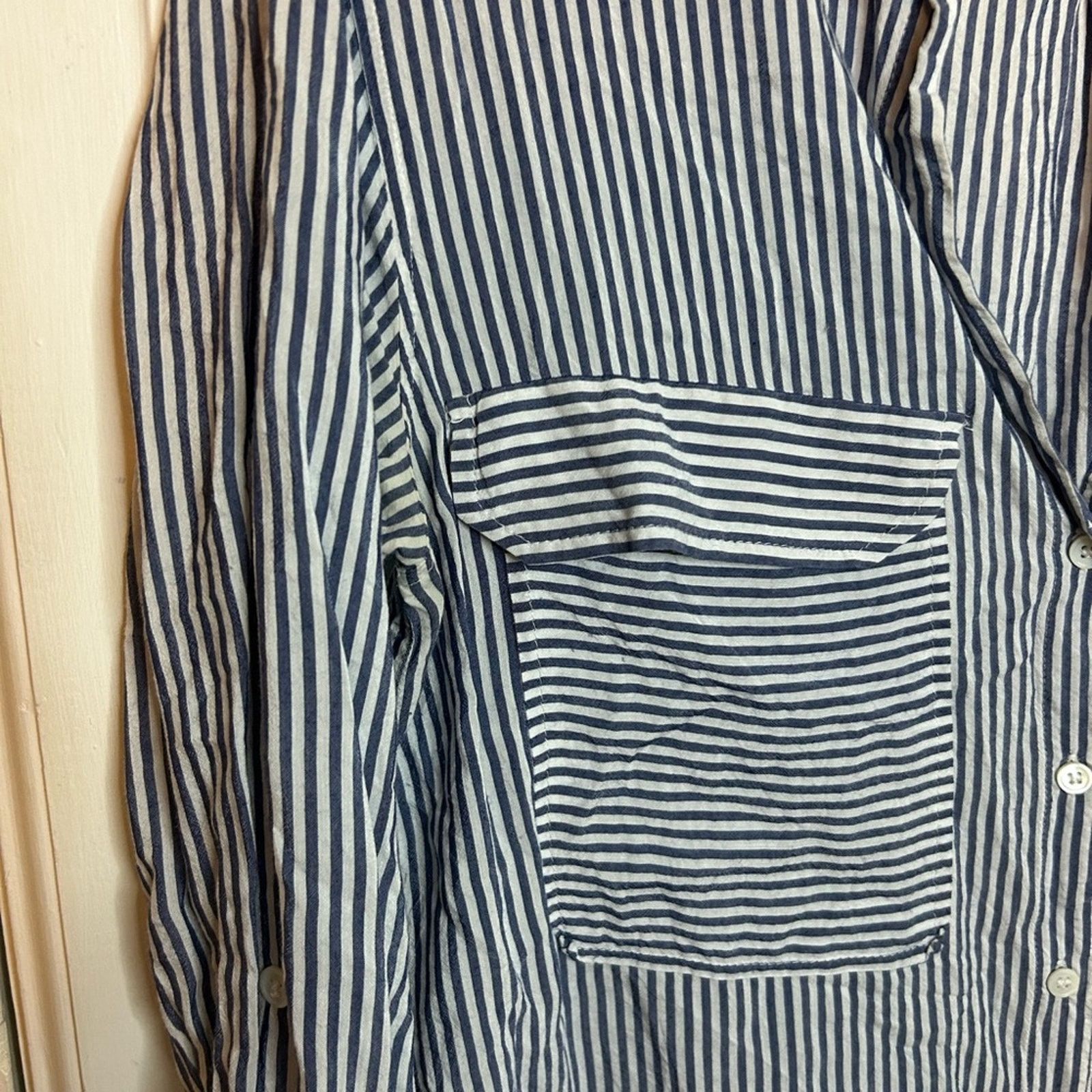 Zara Zara Blue Striped Pocket Boyfriend Shirt Size M / US 6-8 / IT 42-44 - 4 Thumbnail