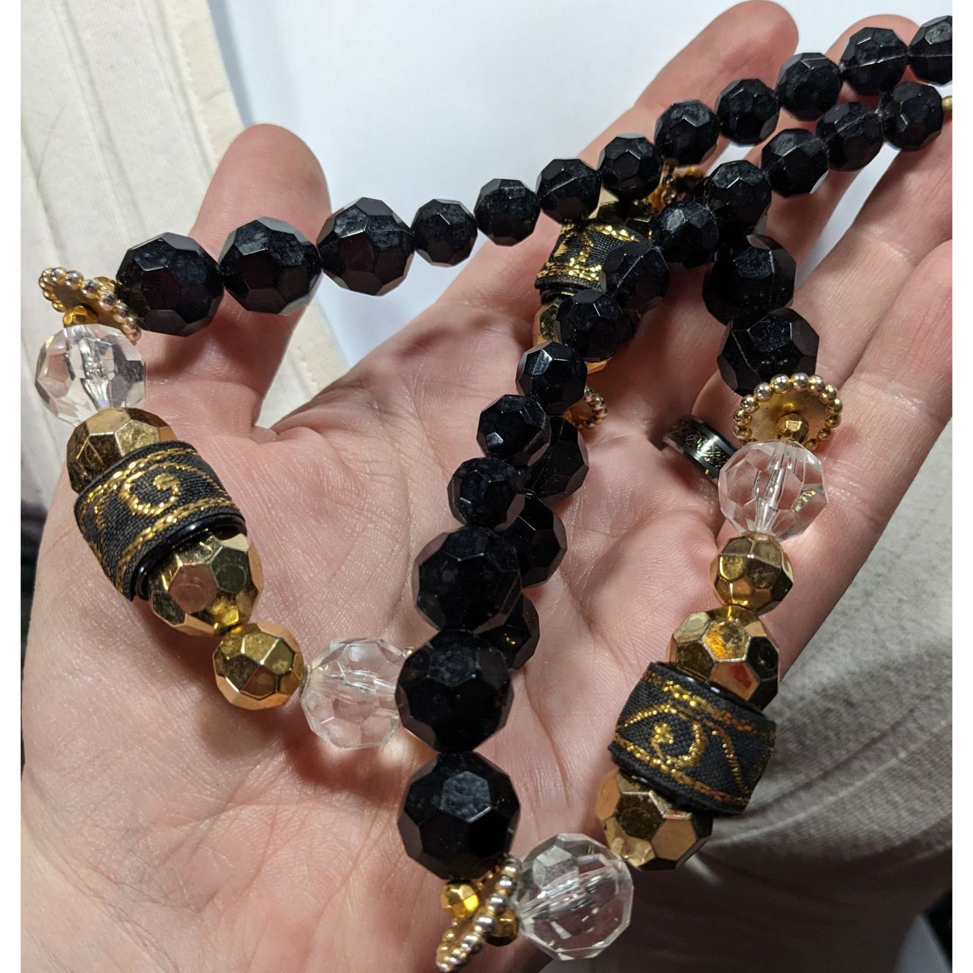 Other Chunky Glam Black And Gold Tone Beaded Necklace With Ribbon Size ONE SIZE - 4 Thumbnail