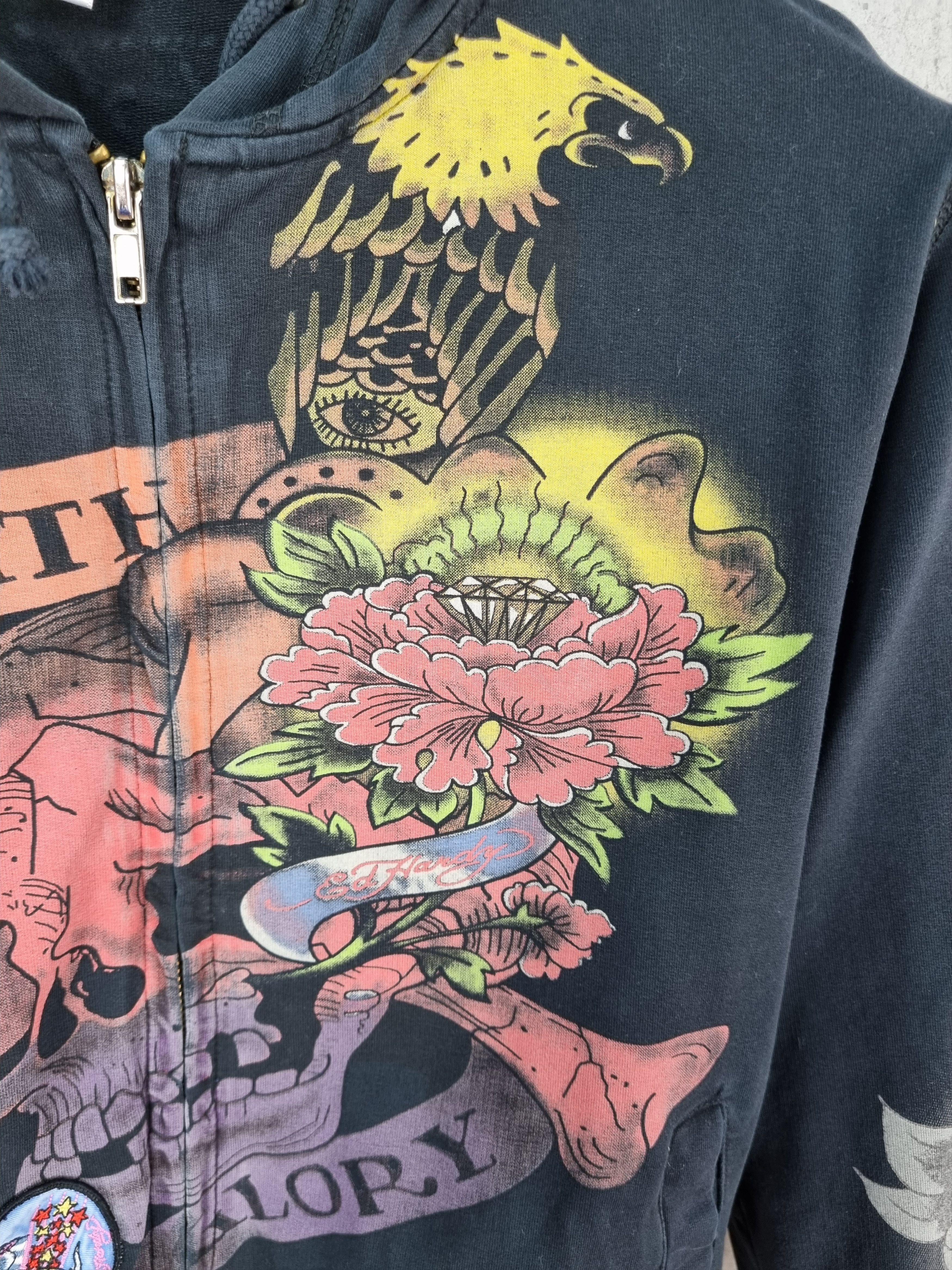 Christian Audigier × Ed Hardy Ed Hardy Embroidered Patches Faded Zipped Hoodie Size L / US 10 / IT 46 - 9 Thumbnail