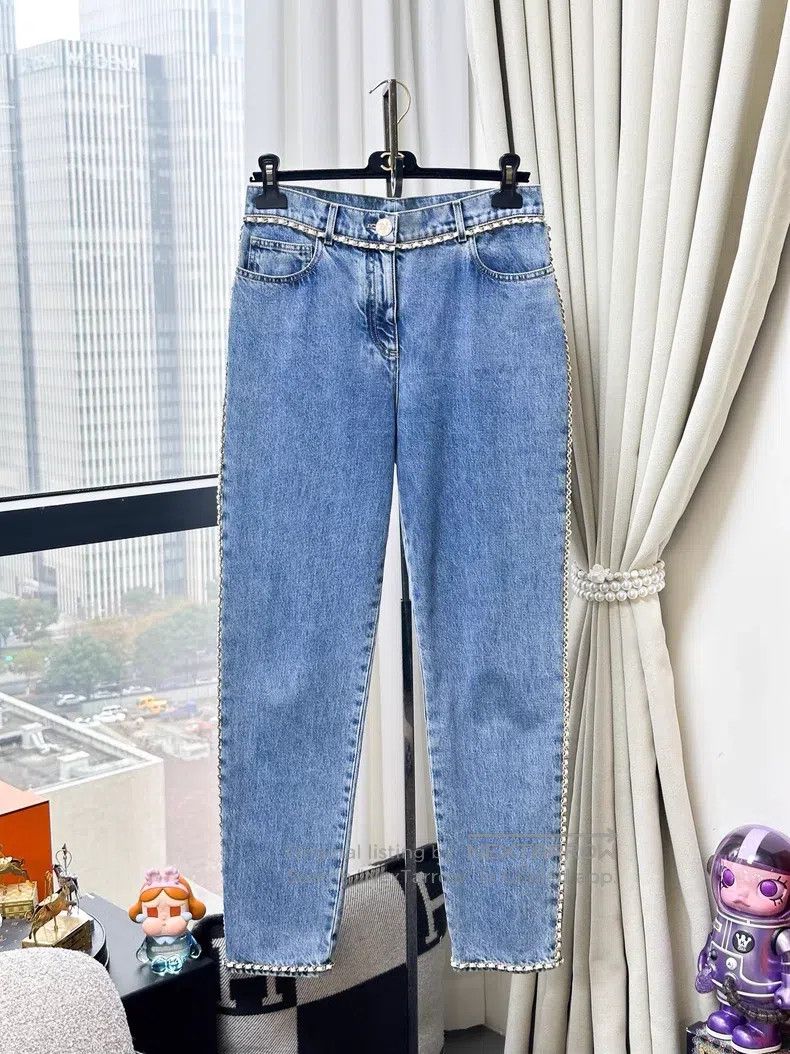 Chanel Chanel Blue denim denim with white leather chain jeans Size 38" / US 16 / IT 52 - 1 Thumbnail