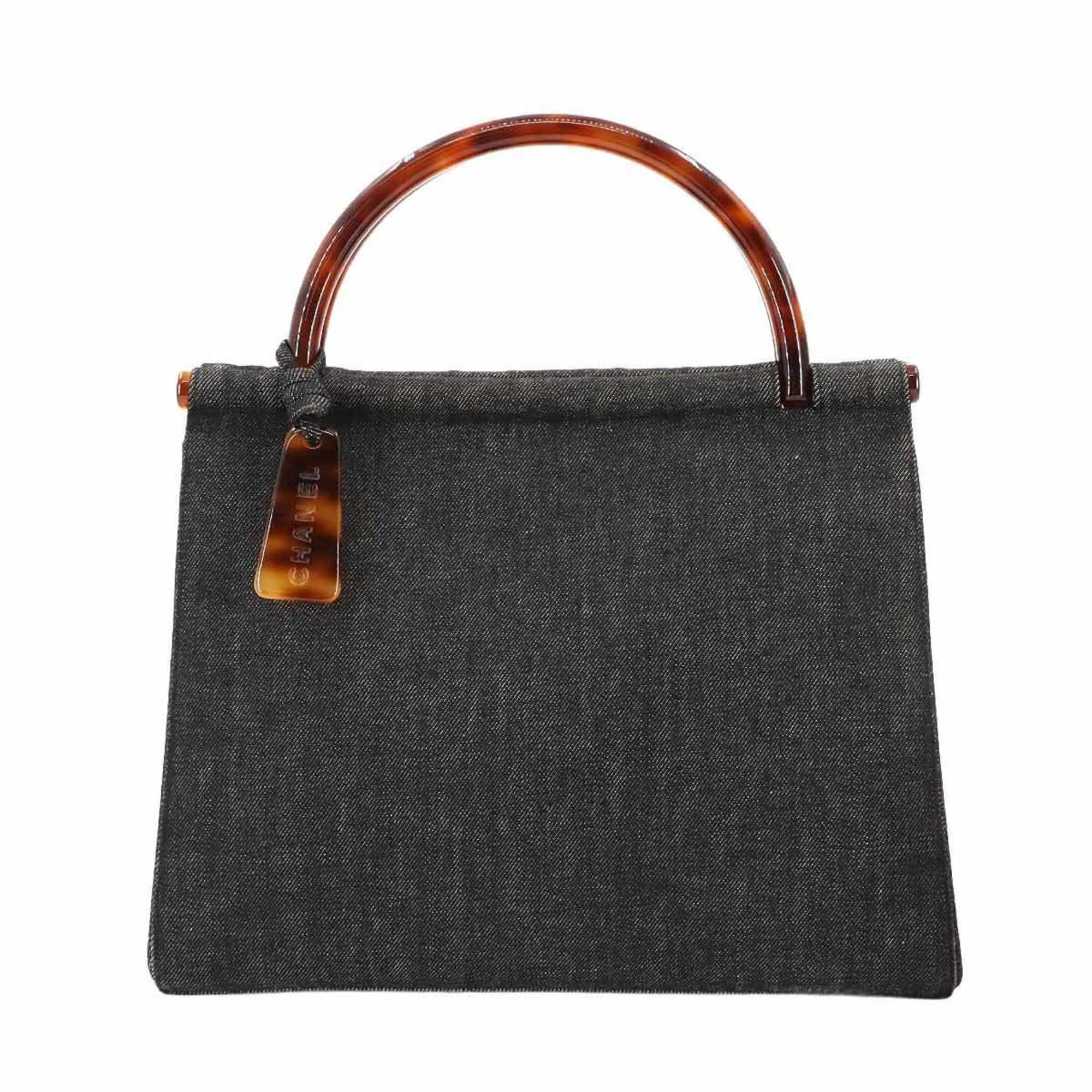 CHANEL Tortoiseshell Plastic Handle Handbag Denim Black Gold