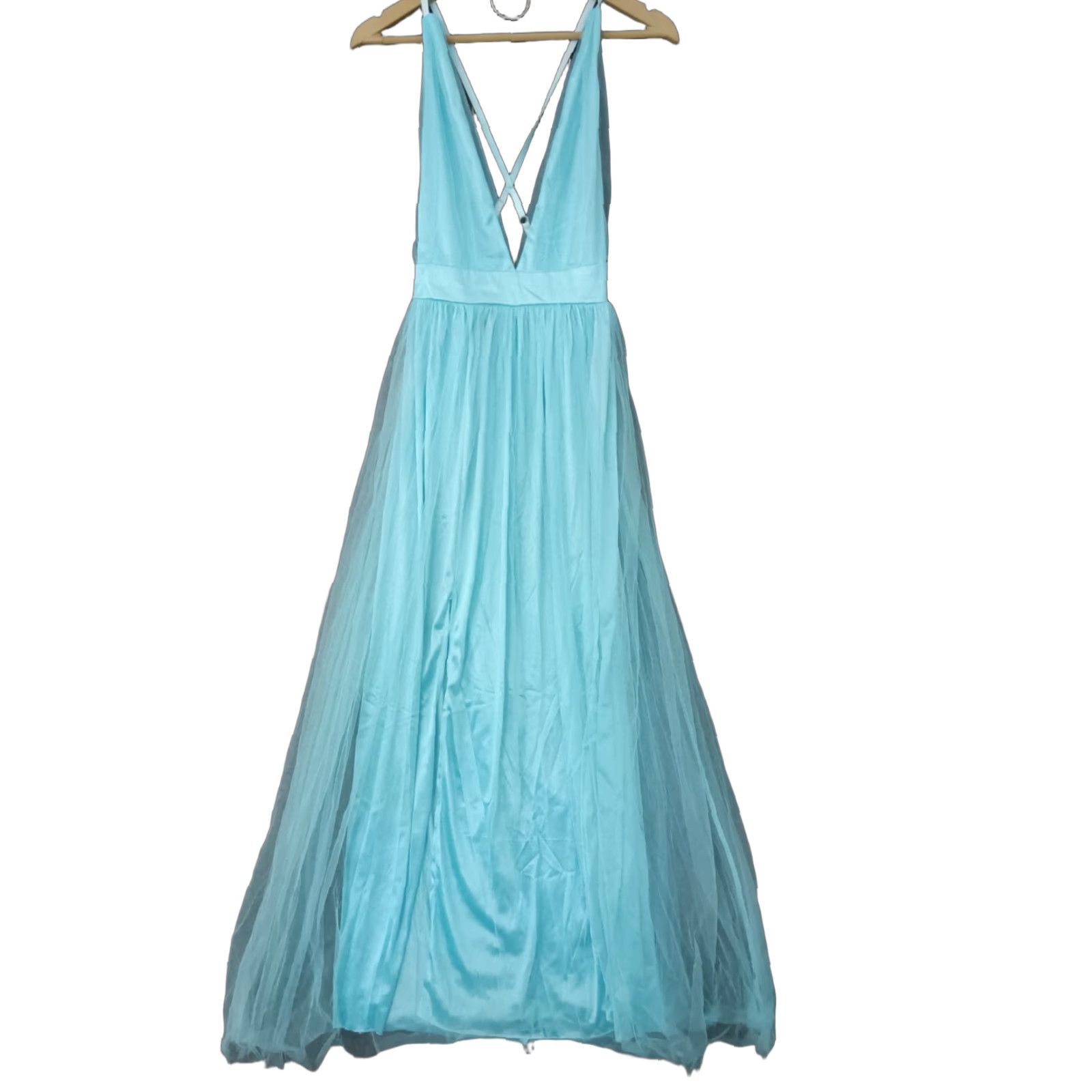 Vintage Ice Blue Moonlight V Neck Halter Maxi Women Dress Size M - Lined, Sleeveless, Solid Blue, Blended Fabric, Dress, Maxi, Women's, Casual Party Wedding Size M / US 6-8 / IT 42-44 - 1 Thumbnail