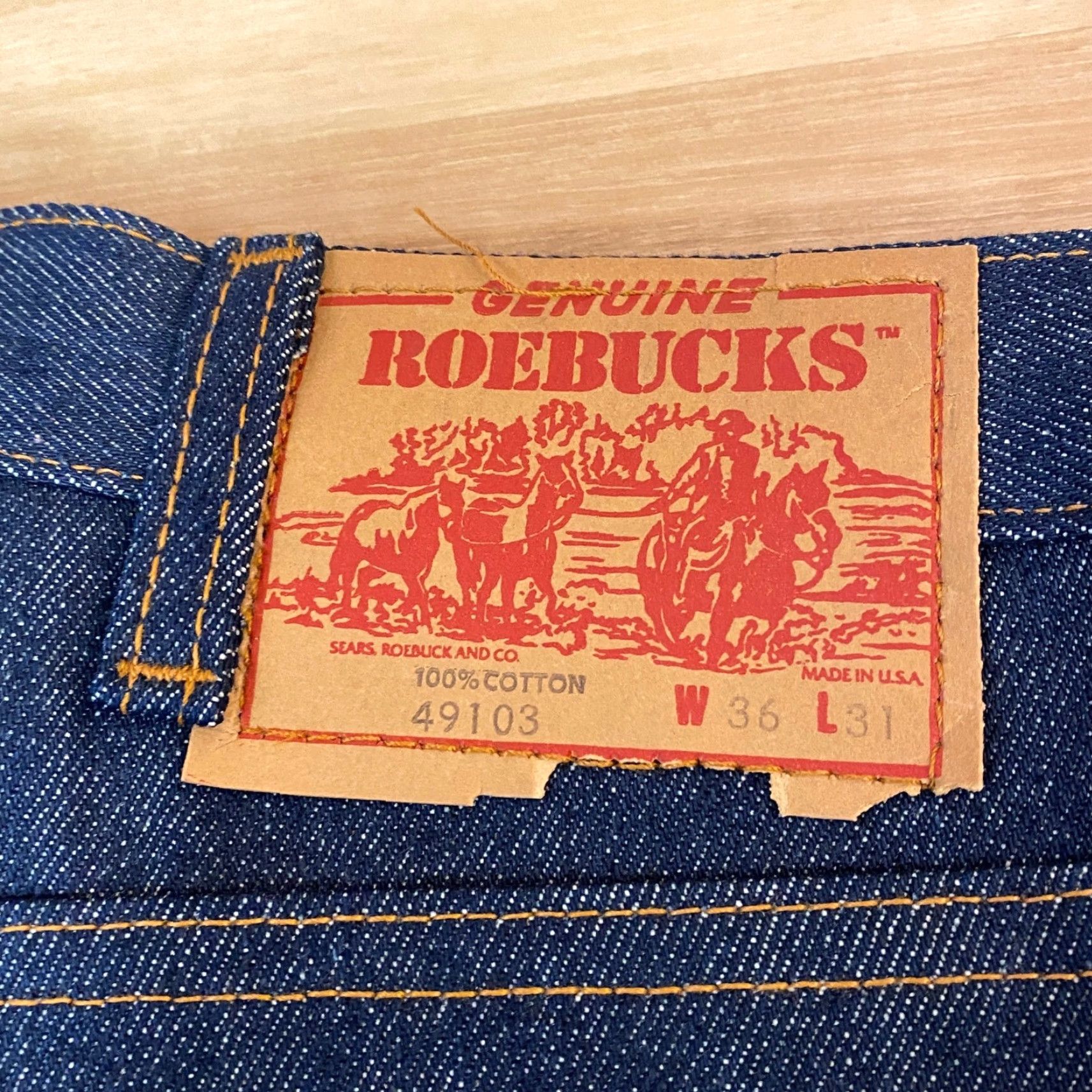 Denime VINTAGE Roebucks Jeans Straight Leg Mens 36x31 Dark Wash 14 oz Denim Blue 70s 80s Cowboy Style Mens Size US 36 / EU 52 - 2 Thumbnail
