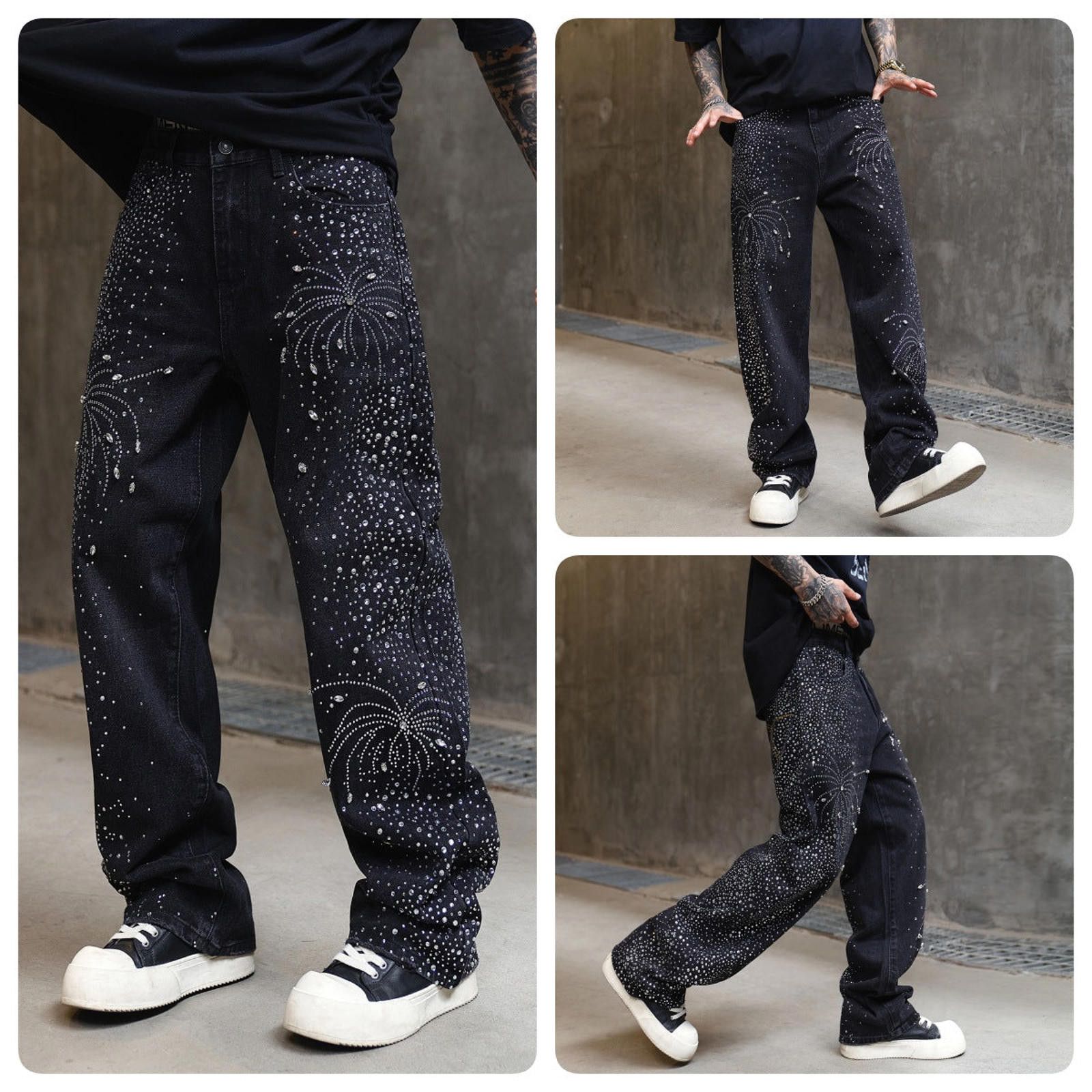 Vintage Black Rhinestone Embellished Denim Jeans Size US 32 / EU 48 - 4 Thumbnail