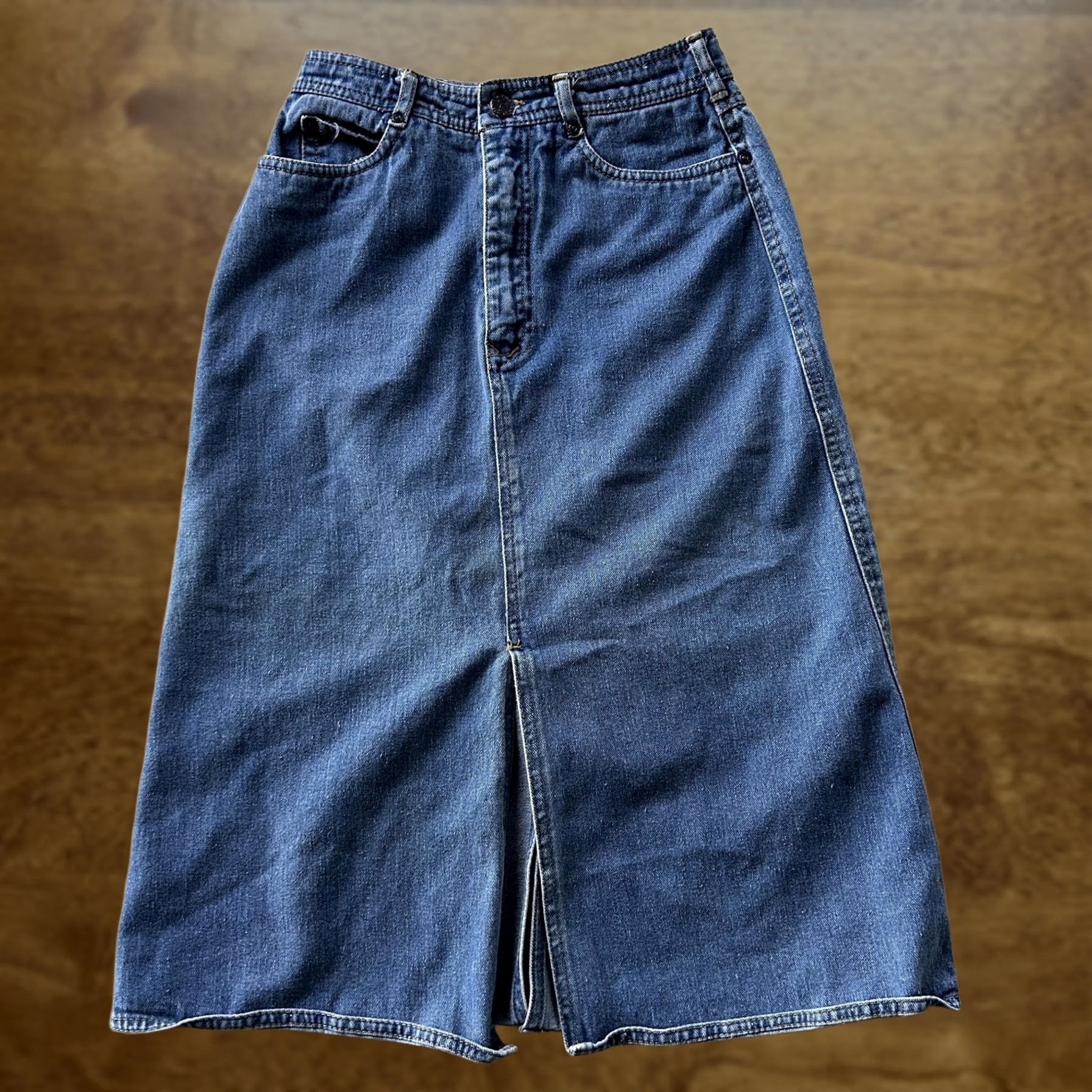 Denime Vintage Blue Denim Skirt Womens 5/6 Knee Length Pencil Front Slit Pockets"} Size 27" / US 4 / IT 40 - 1 Thumbnail