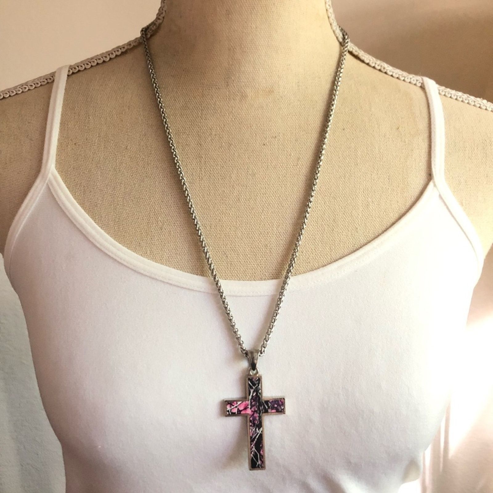 Jewelry Purple botanical print cross on chain necklace Size ONE SIZE - 1 Thumbnail