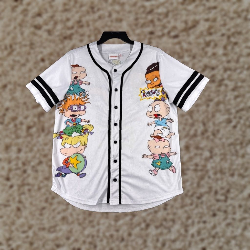 VINTAGE Nickelodeon Jersey Adult XL White Rugrats Button Up 100% Polyester Shirt Mens 90s