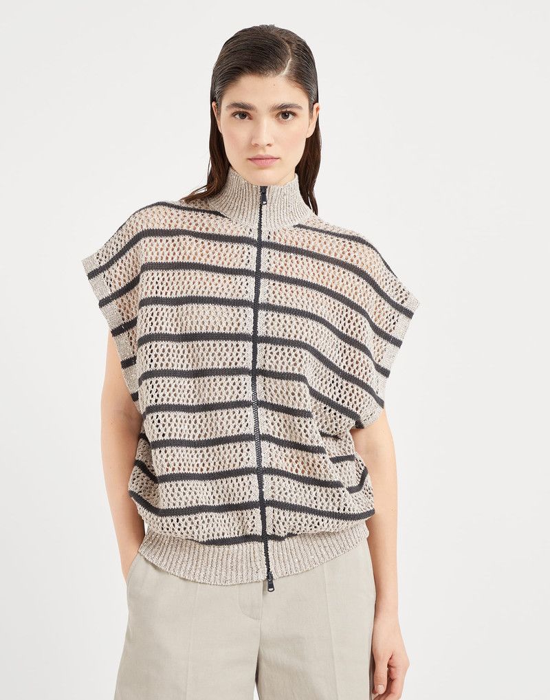 Brunello Cucinelli o1la1rc1a0326 Linen Dazzling Striped Net Cardigan Size M / US 6-8 / IT 42-44 - 1 Thumbnail