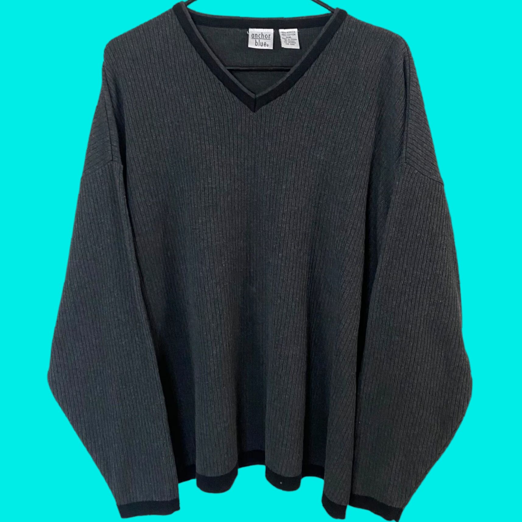 Anchor Blue VINTAGE Anchor Blue Rib-Knit V-Neck Sweater Gray Pullover 2XL Men’s Long Sleeve Knit Knitwear Regular Fit Shirt? (Wait) Size US XXL / EU 58 / 5 - 1 Thumbnail