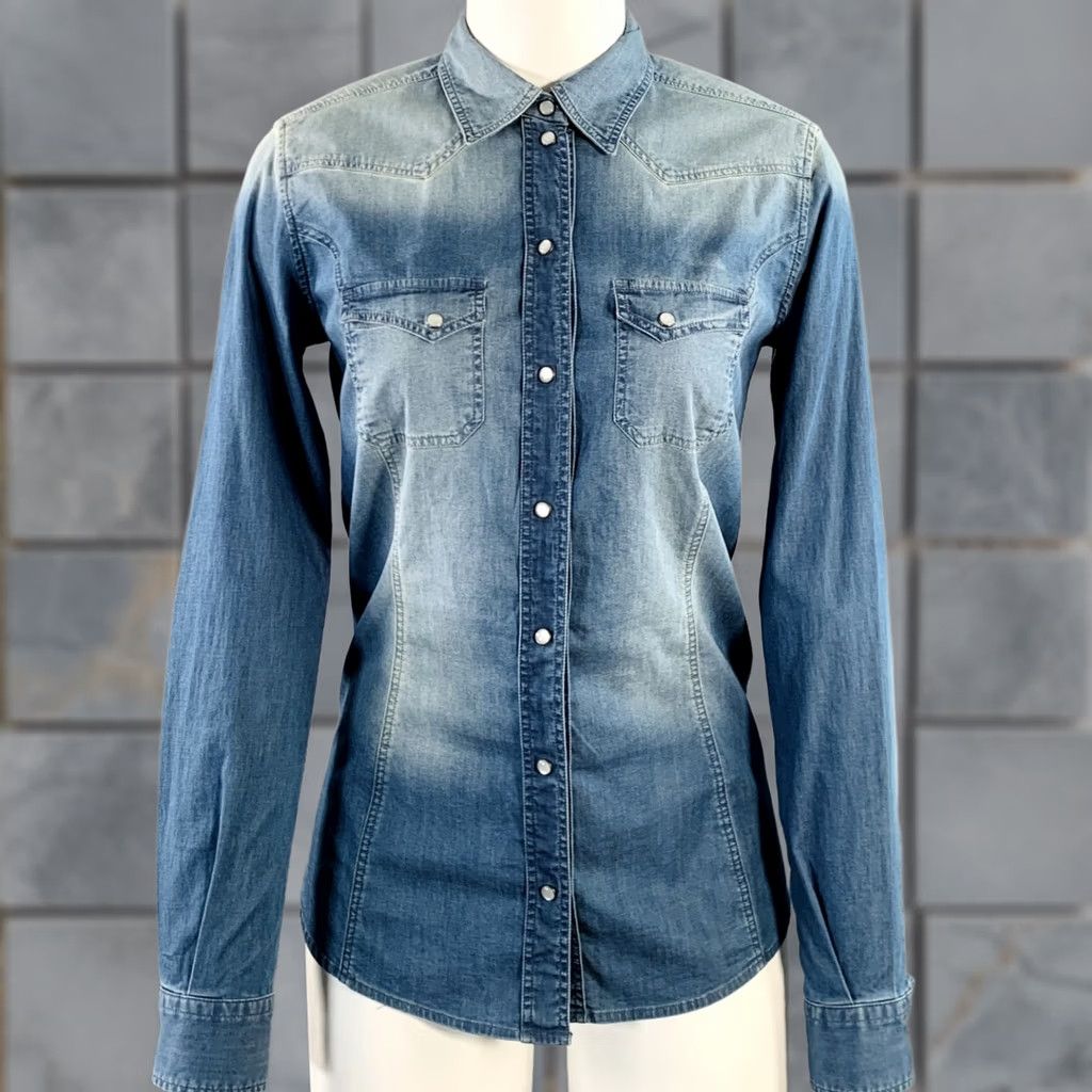 Dolce & Gabbana DOLCE & GABBANA Shirt Blue Washed Chambray Western 4 Female Adult Color: Blue Material: Cotton / Elastane Size S / US 4 / IT 40 - 1 Thumbnail