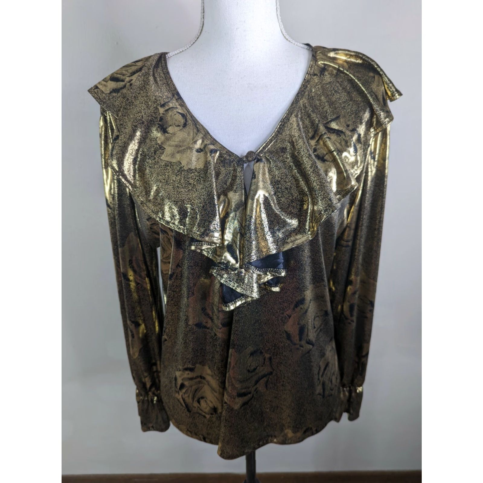 Vintage VINTAGE 90s Gold Floral Rose Blouse L1S Cotton Blend Long Sleeve Ruffle Shirt Women M Gold 90s Theme Womens Blouse Size M / US 6-8 / IT 42-44 - 2 Thumbnail